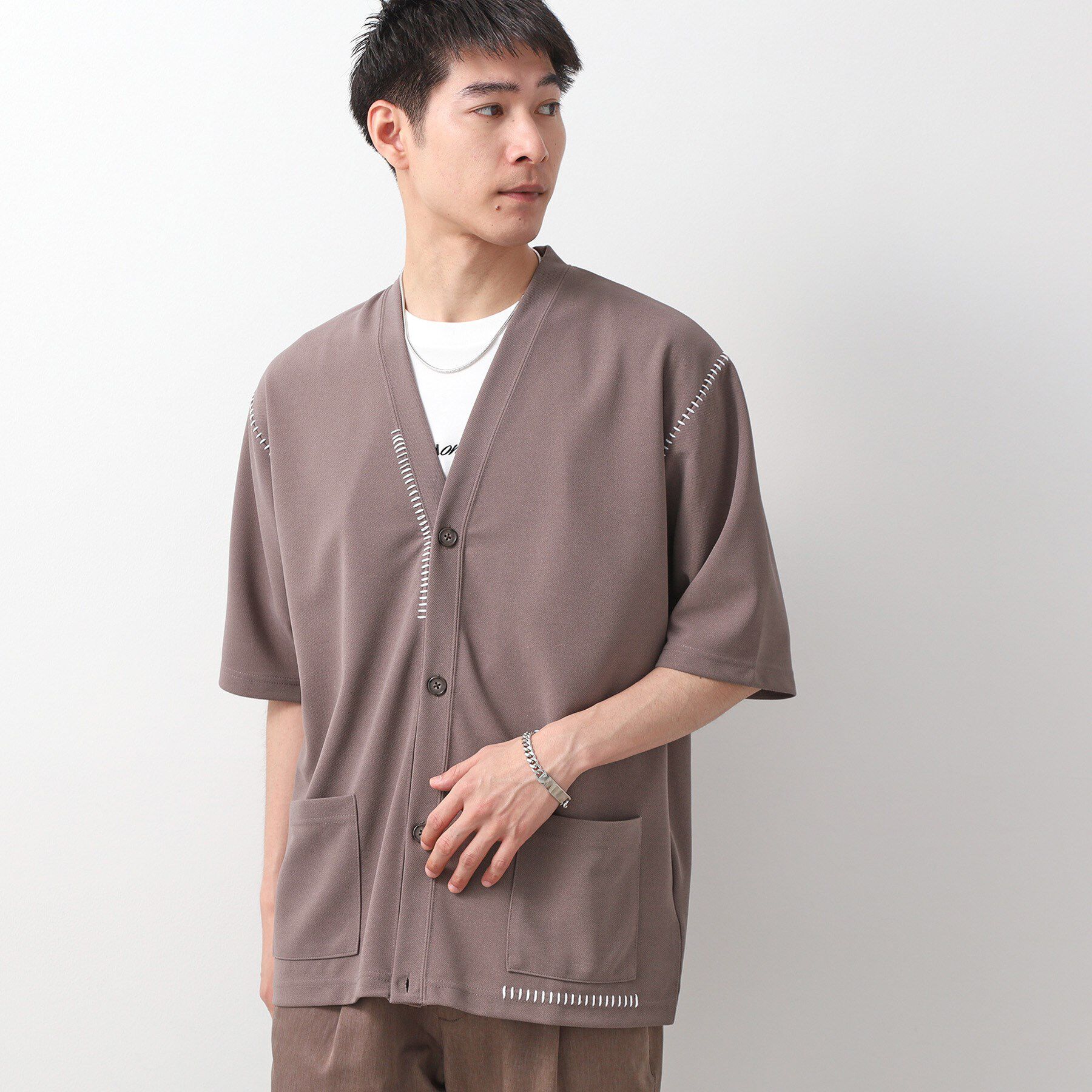 THE SHOP TK「ツイルステッチ半袖カーディガン【洗濯機OK/接触冷感】」|カーディガン|モカブラウン(042