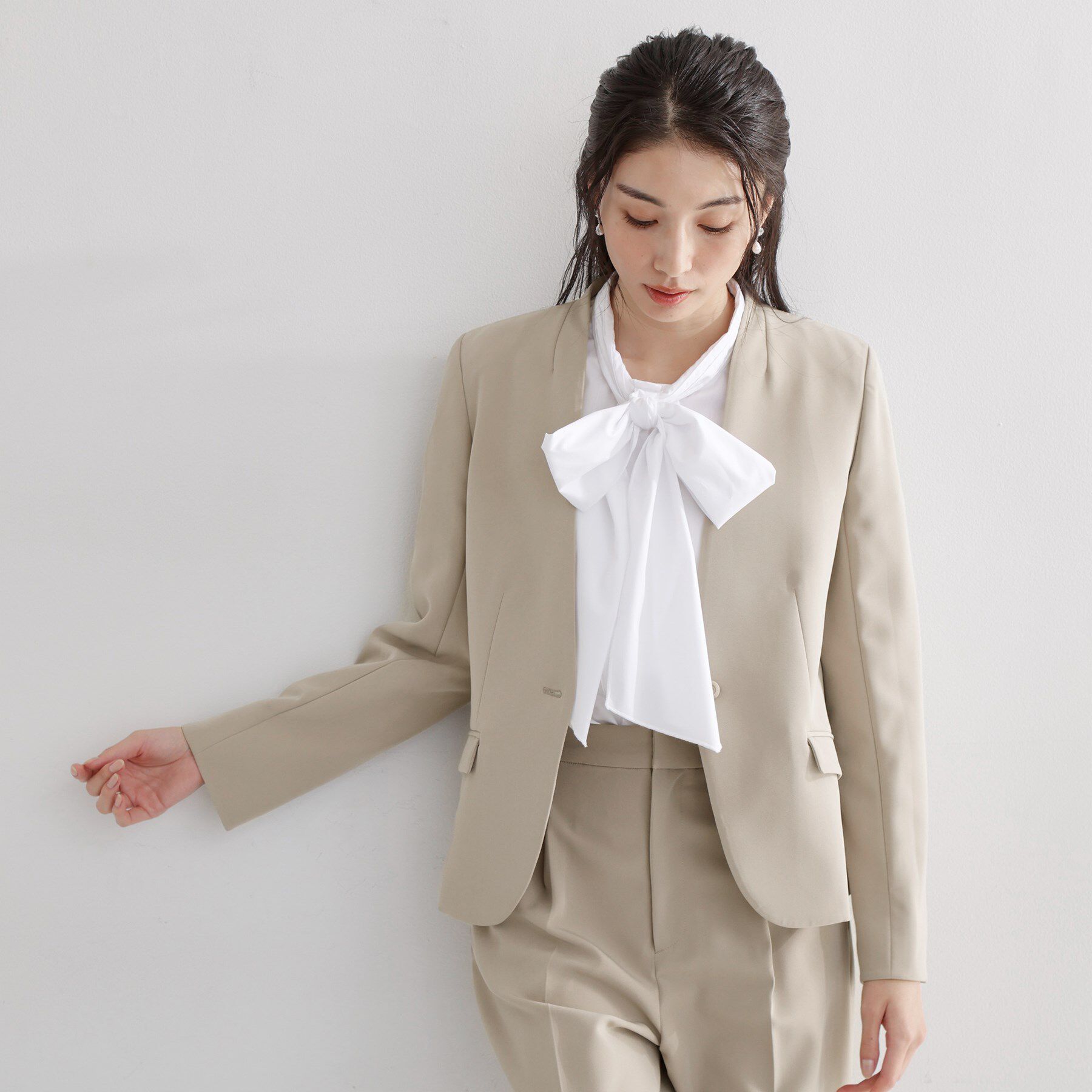 THE SHOP TK「【通勤スタイルに】ダブルクロス ノーカラージャケット/セットアップ可」|ノーカラージャケット|