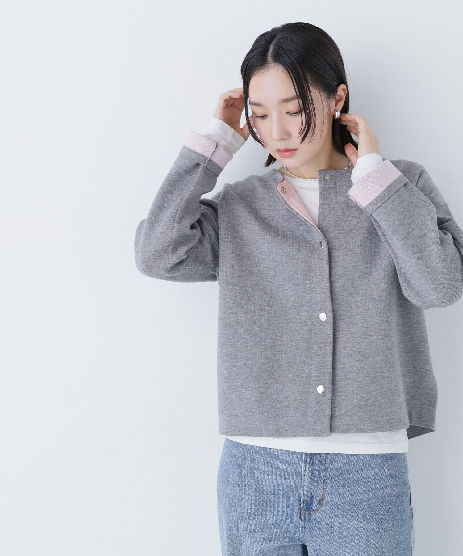  「バイカラー接結カーディガン」|ニット・セーター|グレー&times;ピン  2