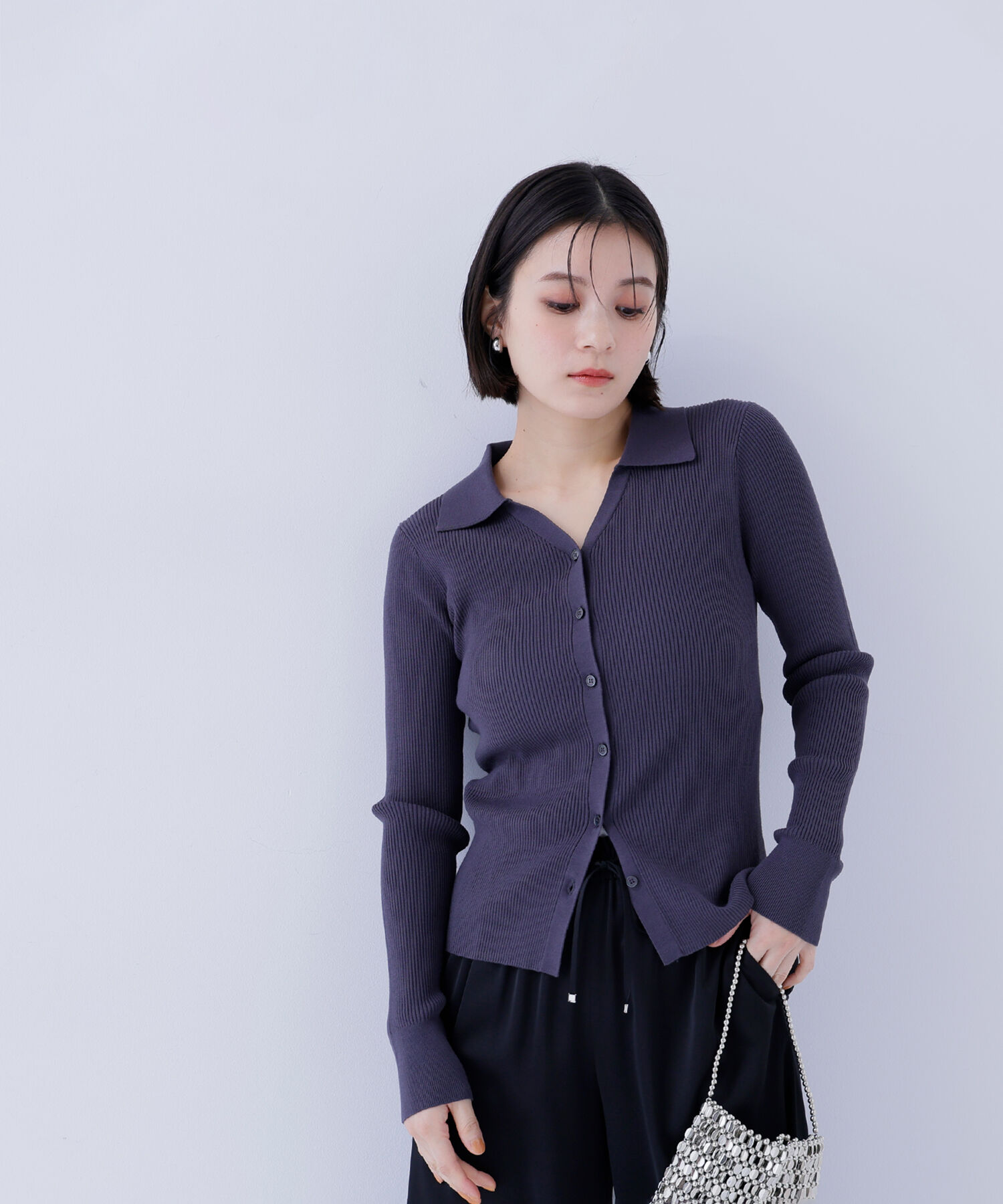  「襟付Vネックリブニット」|ニット・セーター|