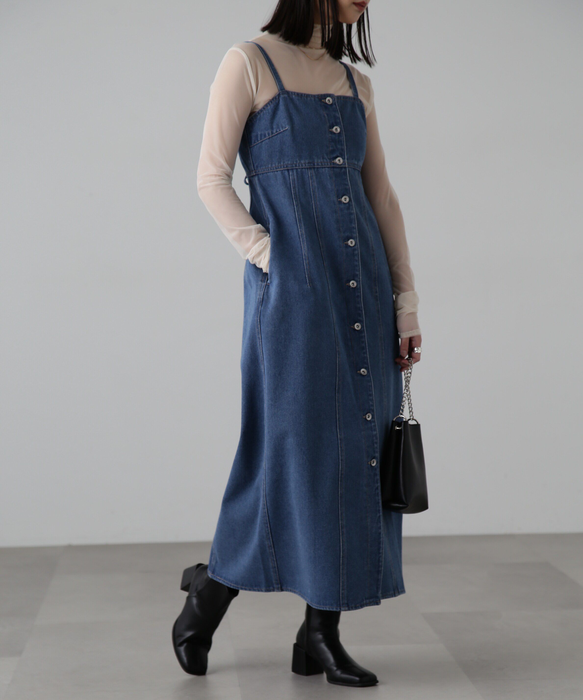  「[低身長サイズ/Sシリーズ]フロントボタンデニムキャミワンピース」|ワンピース|
