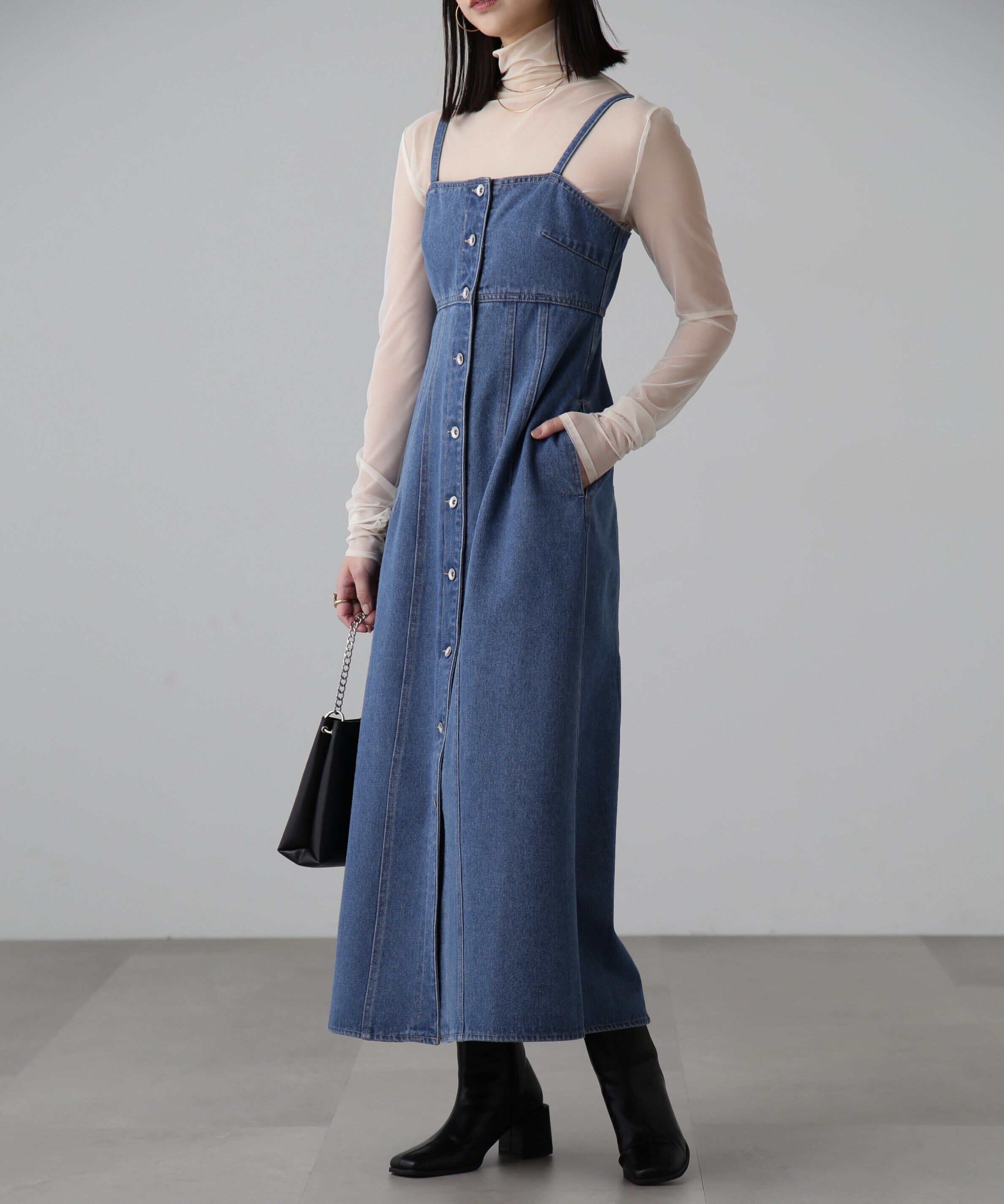  「[低身長サイズ/Sシリーズ]フロントボタンデニムキャミワンピース」|ワンピース|