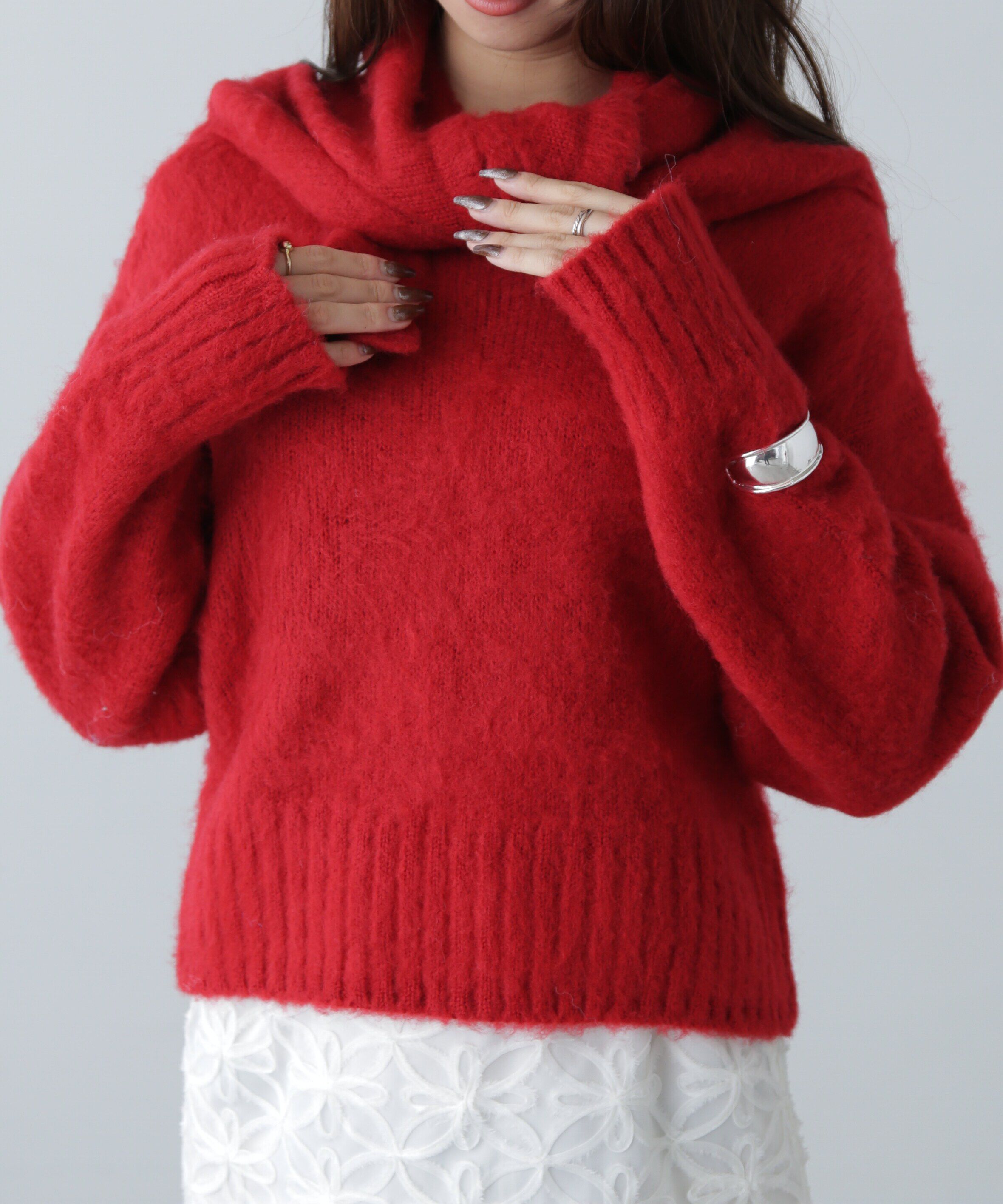  「スカーフ付きシャギーニット」|ニット・セーター|レッド