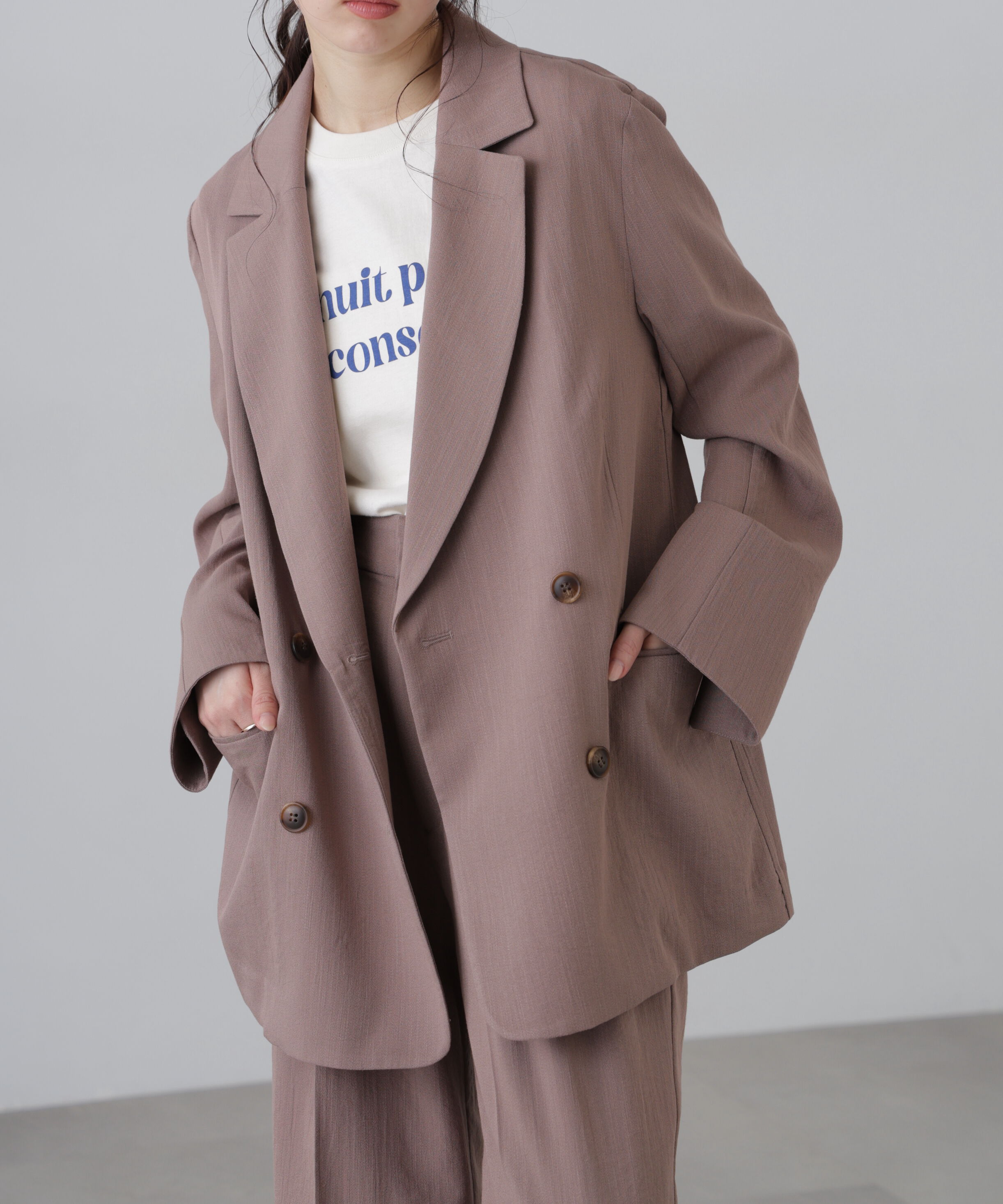  「麻調合繊ダブルブレストジャケット」|その他|モカベージュ