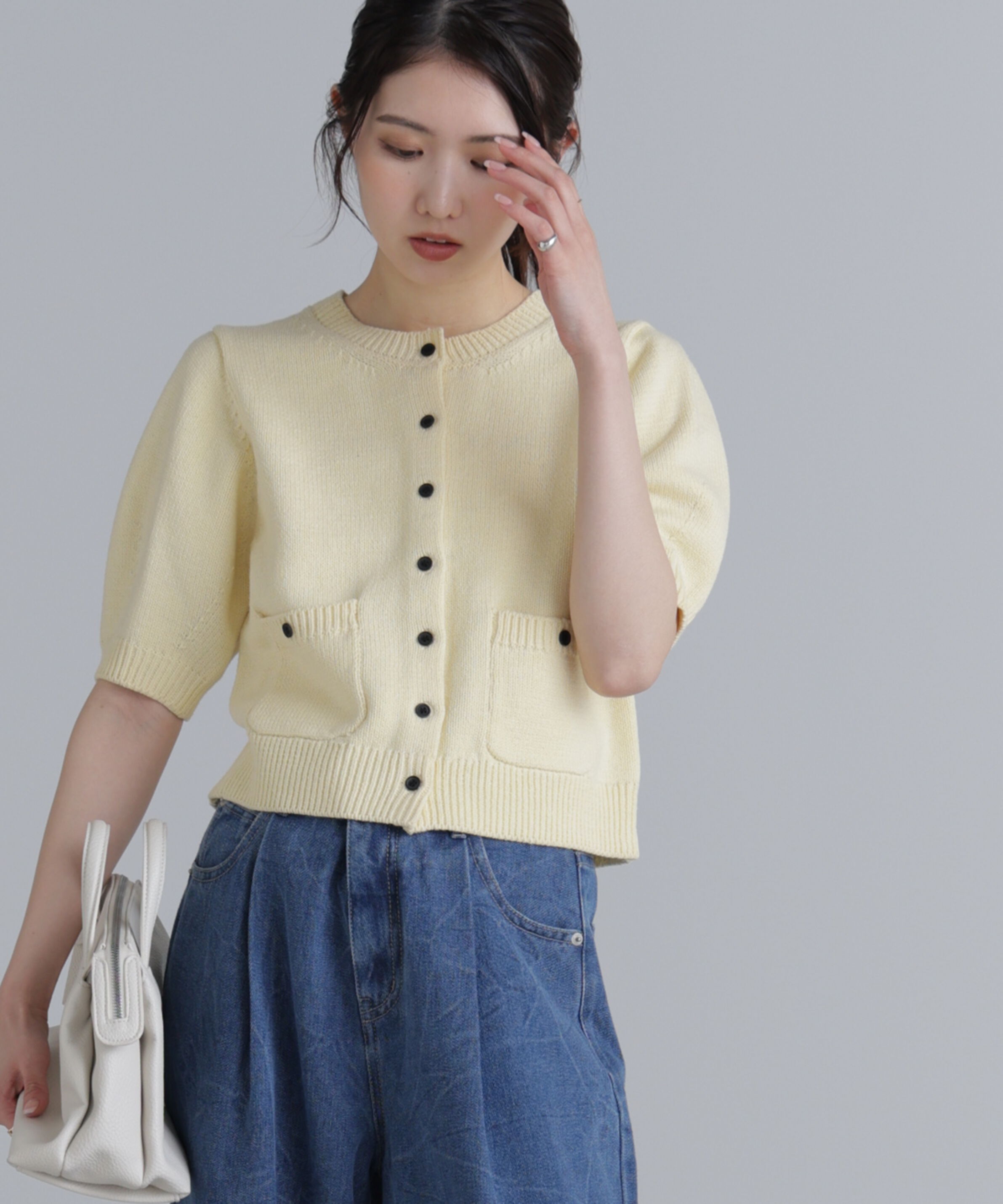  「フロントポケット半袖カーディガン」|ニット・セーター|イエロー