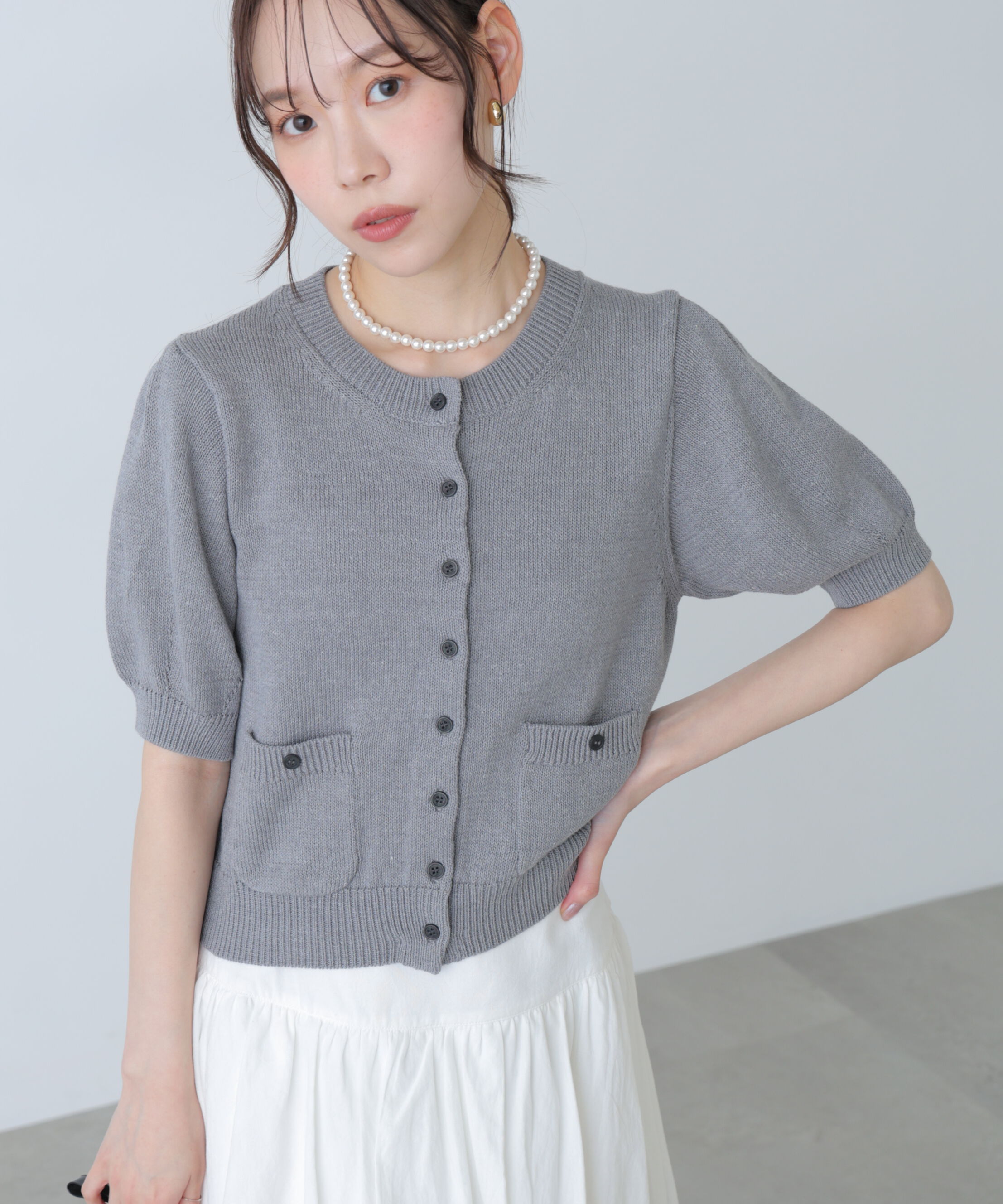  「フロントポケット半袖カーディガン」|ニット・セーター|