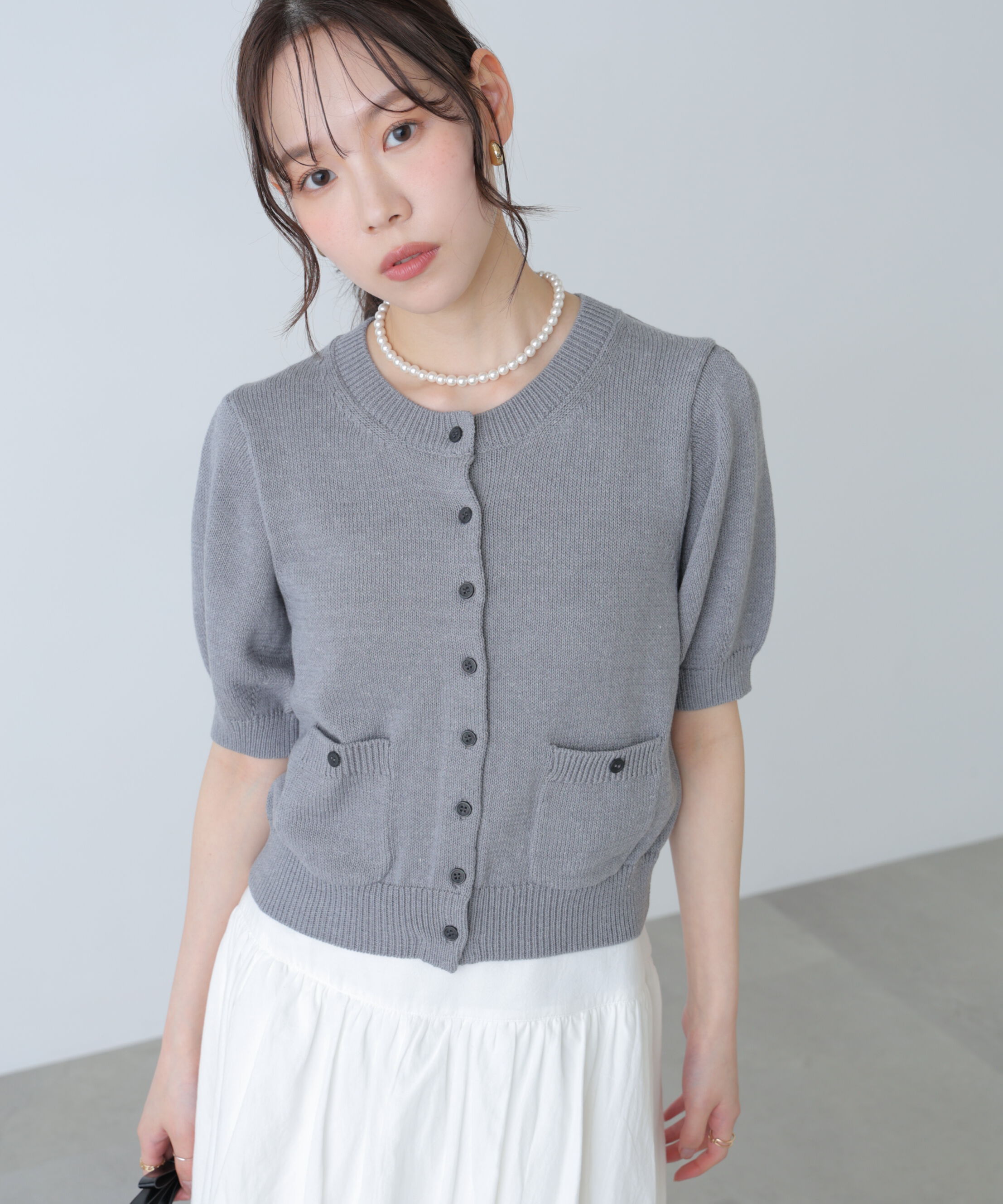  「フロントポケット半袖カーディガン」|ニット・セーター|