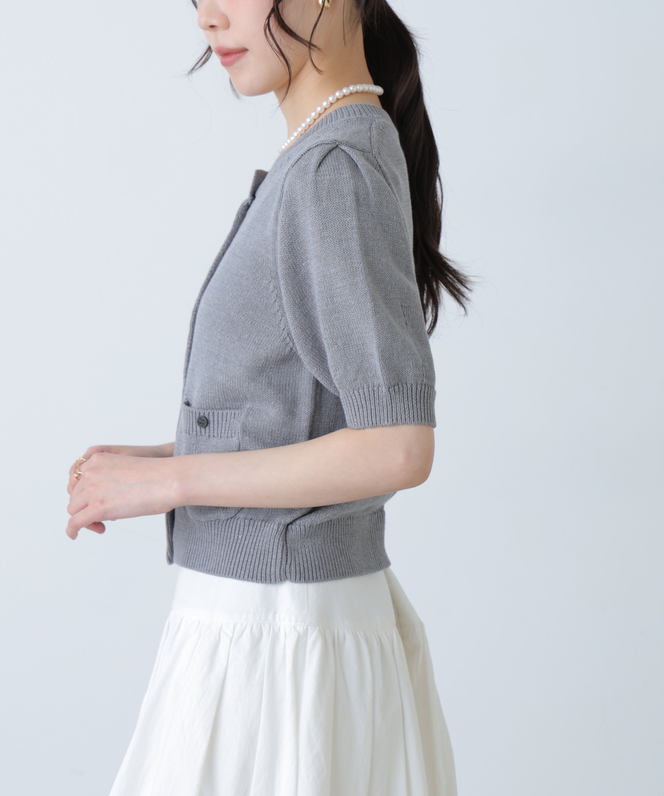  「フロントポケット半袖カーディガン」|ニット・セーター|