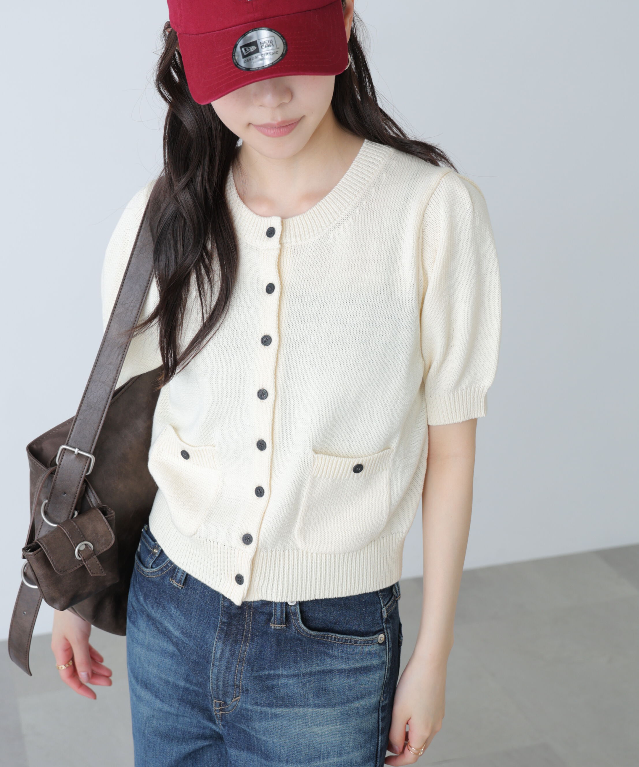  「フロントポケット半袖カーディガン」|ニット・セーター|オフ