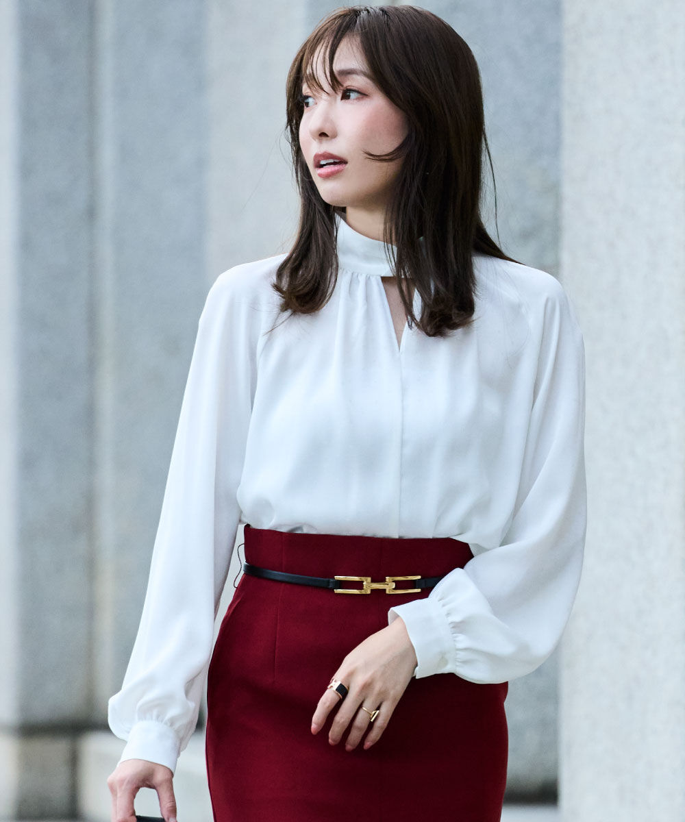  「◆ギャザーネックドットジャガードブラウス」|シャツ・ブラウス|ホワイト