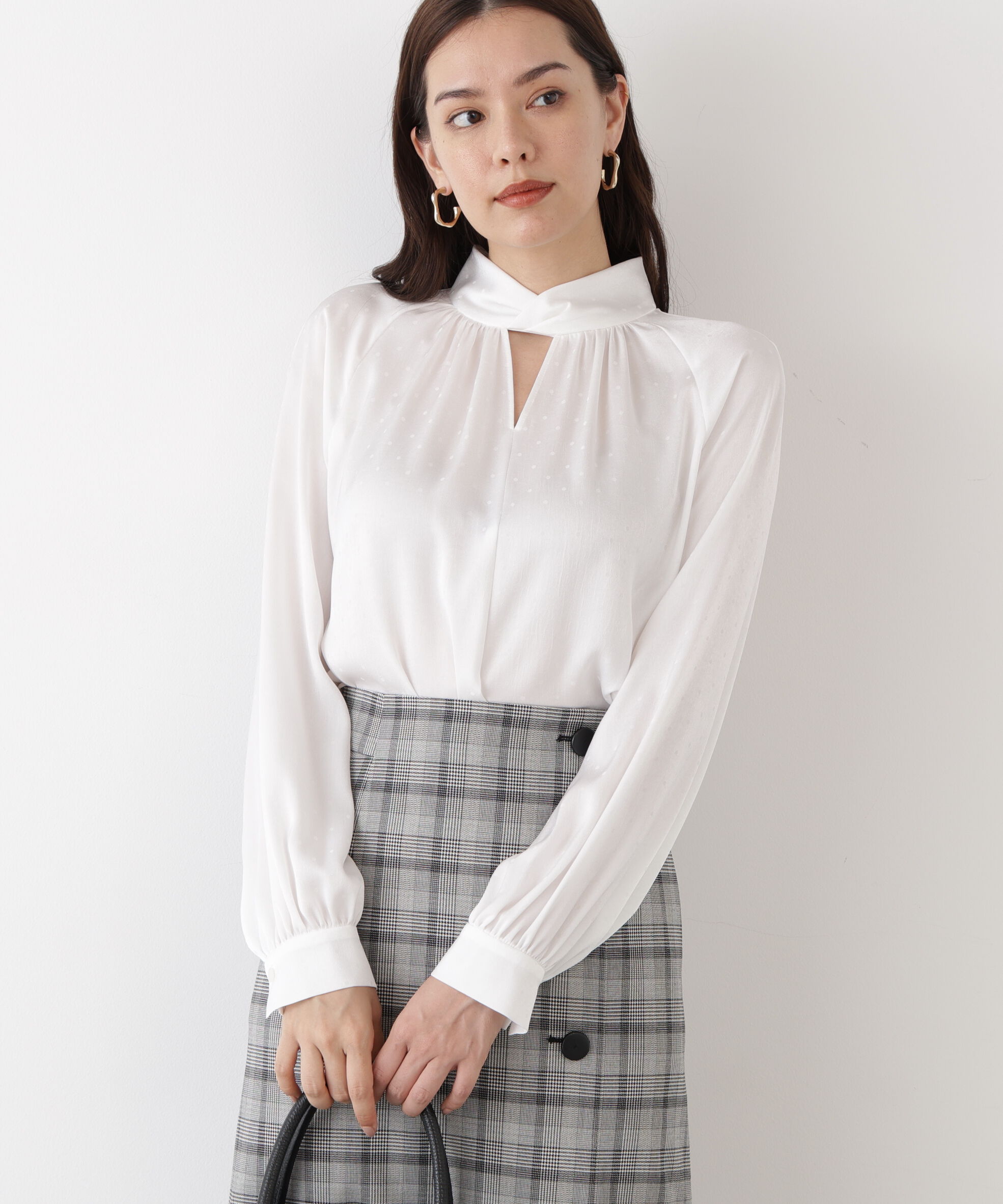  「◆ギャザーネックドットジャガードブラウス」|シャツ・ブラウス|