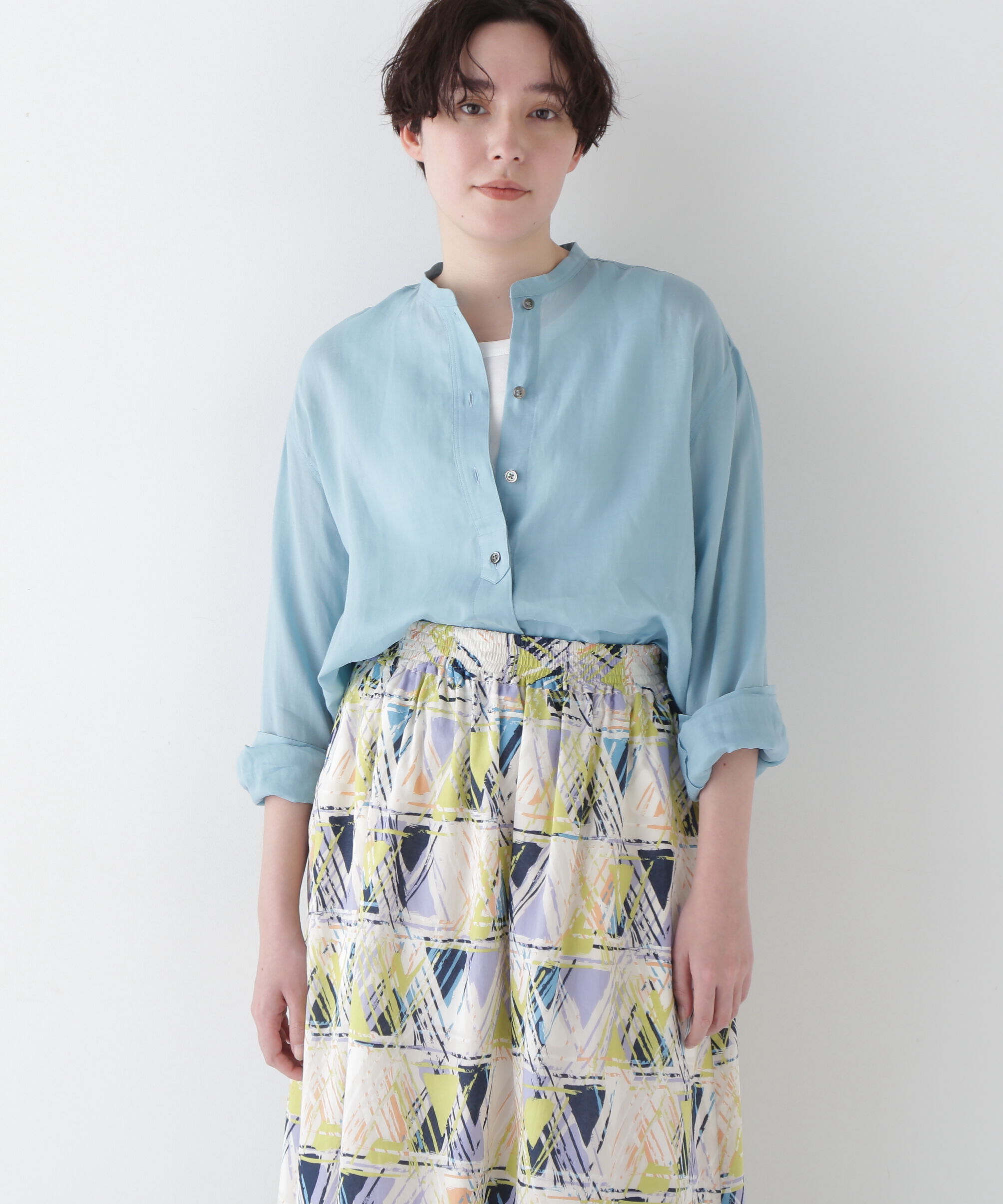  「◆ラミーバンドカラーシャツブラウス」|シャツ・ブラウス|ブルー