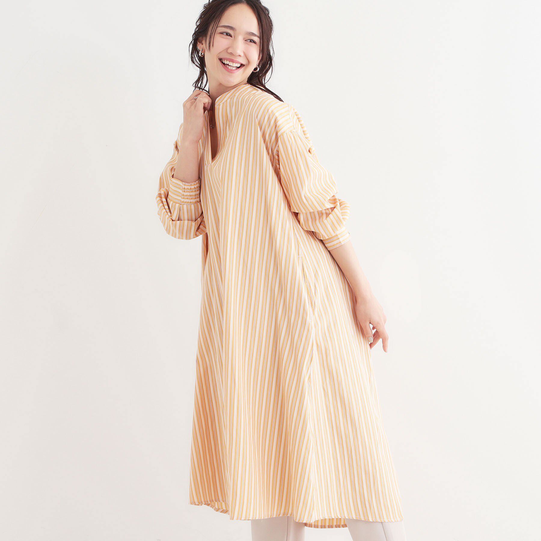 SHOO･LA･RUE「【洗える/S-LL】ストライプAラインワンピース」|ワンピース|イエロー(331)