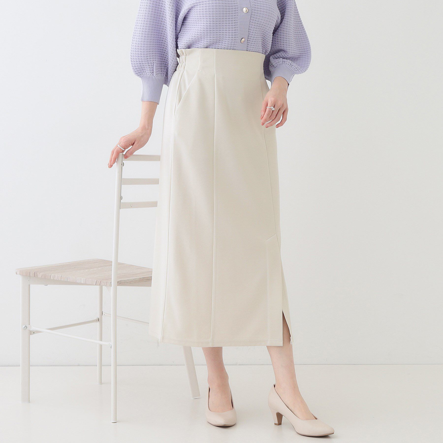 SHOO･LA･RUE「【洗える】洗濯後しわになりにくい カットジョーゼット ナロースカート」|スカート|グレージュ(050)