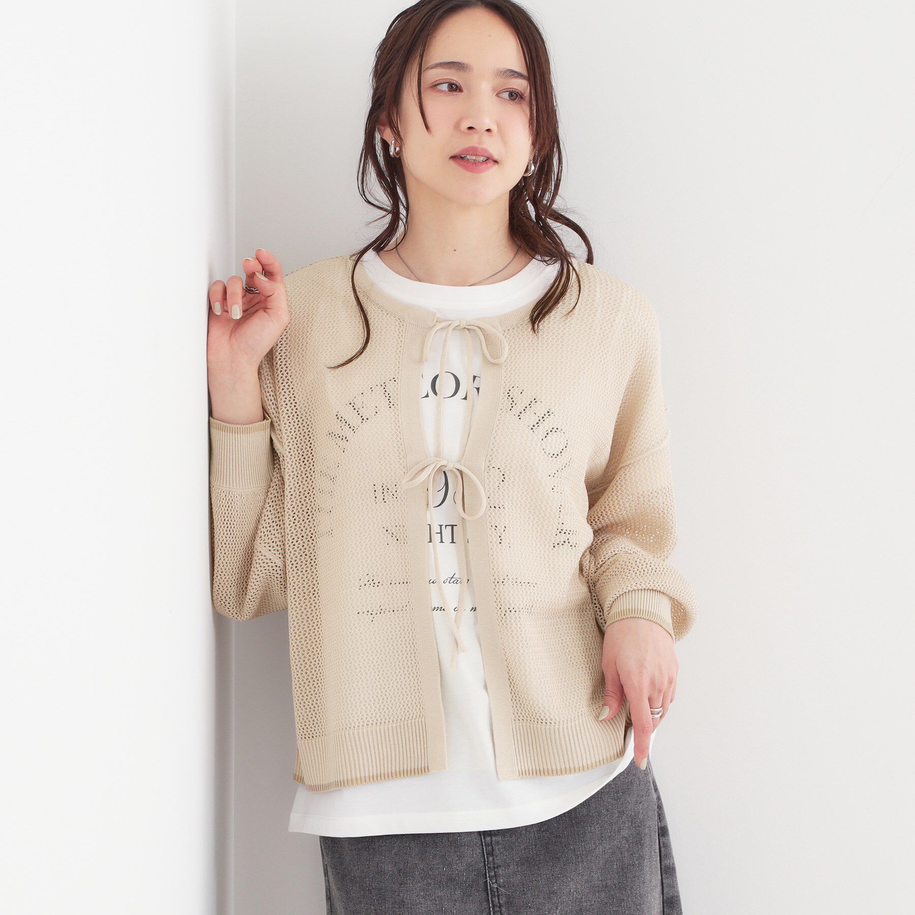 SHOO･LA･RUE「【S-LL/2点セット】前後2WAYで着られるメッシュニット＋ロゴTシャツ」|その他|アイボリー(004)