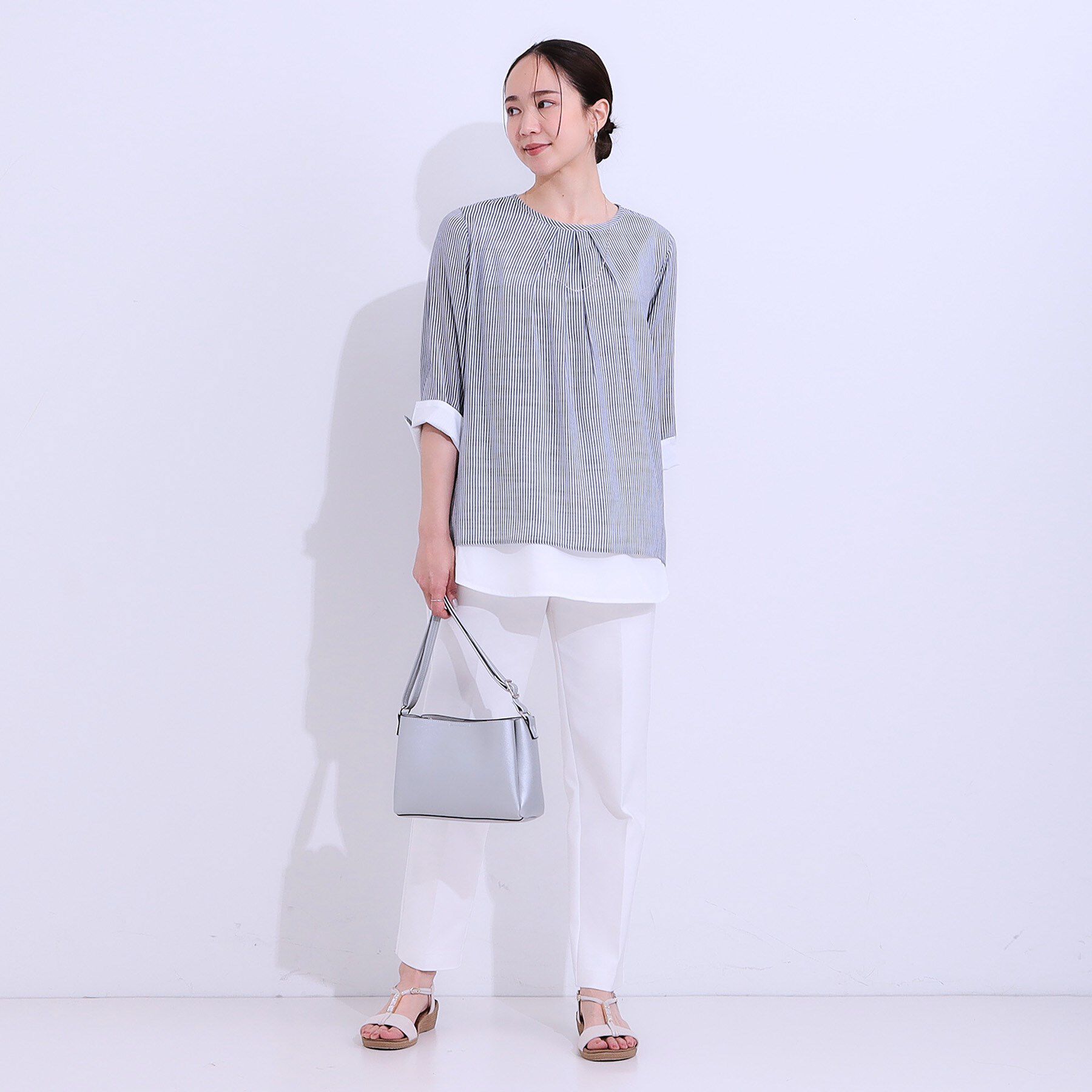 SHOO･LA･RUE「【洗える/S-LL】一枚でサマ見え お袖折り返し 裾レイヤードトップス」|Tシャツ・カットソー|