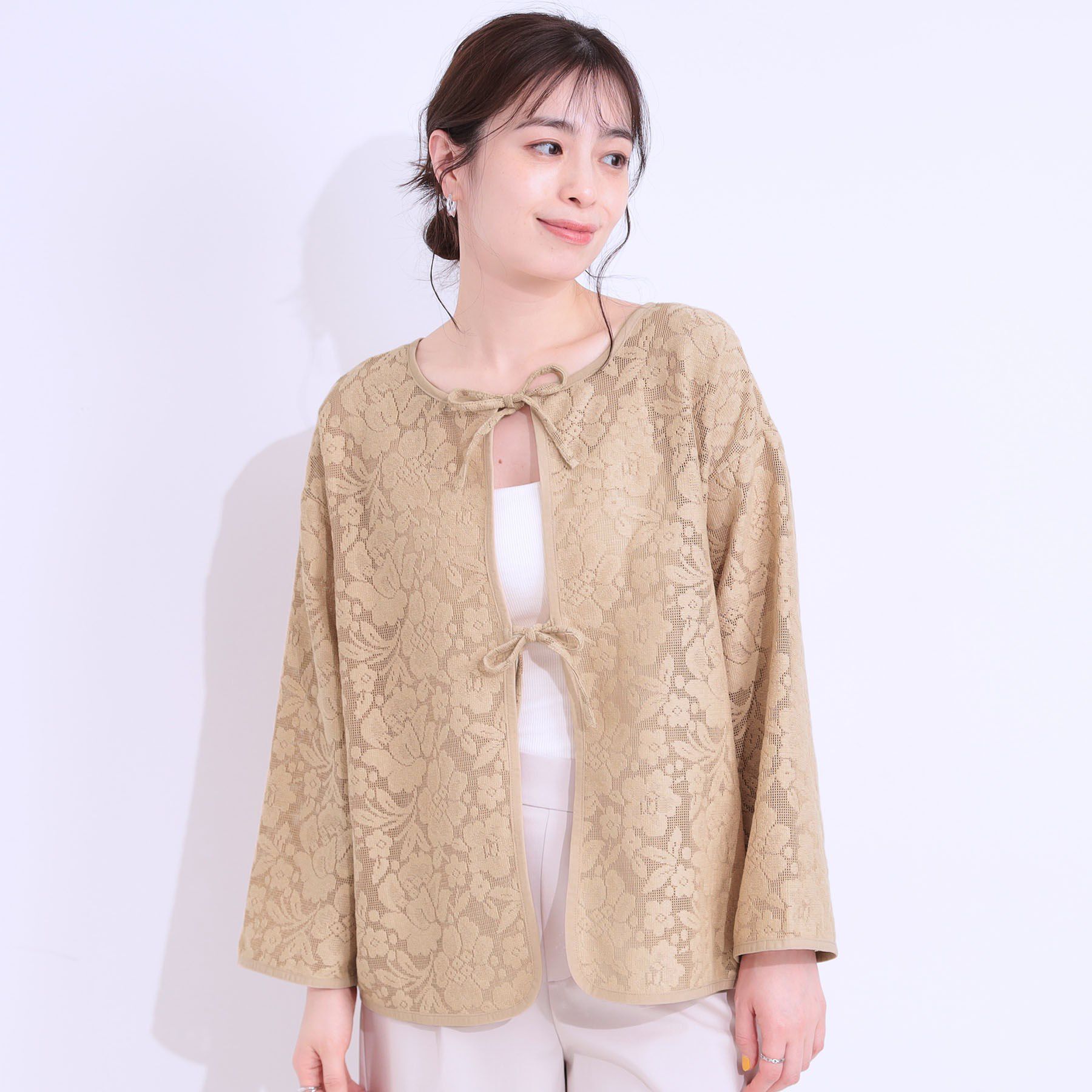 SHOO･LA･RUE「【前後2WAY/S-LL】メッシュ&times;レースがこなれ見え リボントップス」|Tシャツ・カットソー|