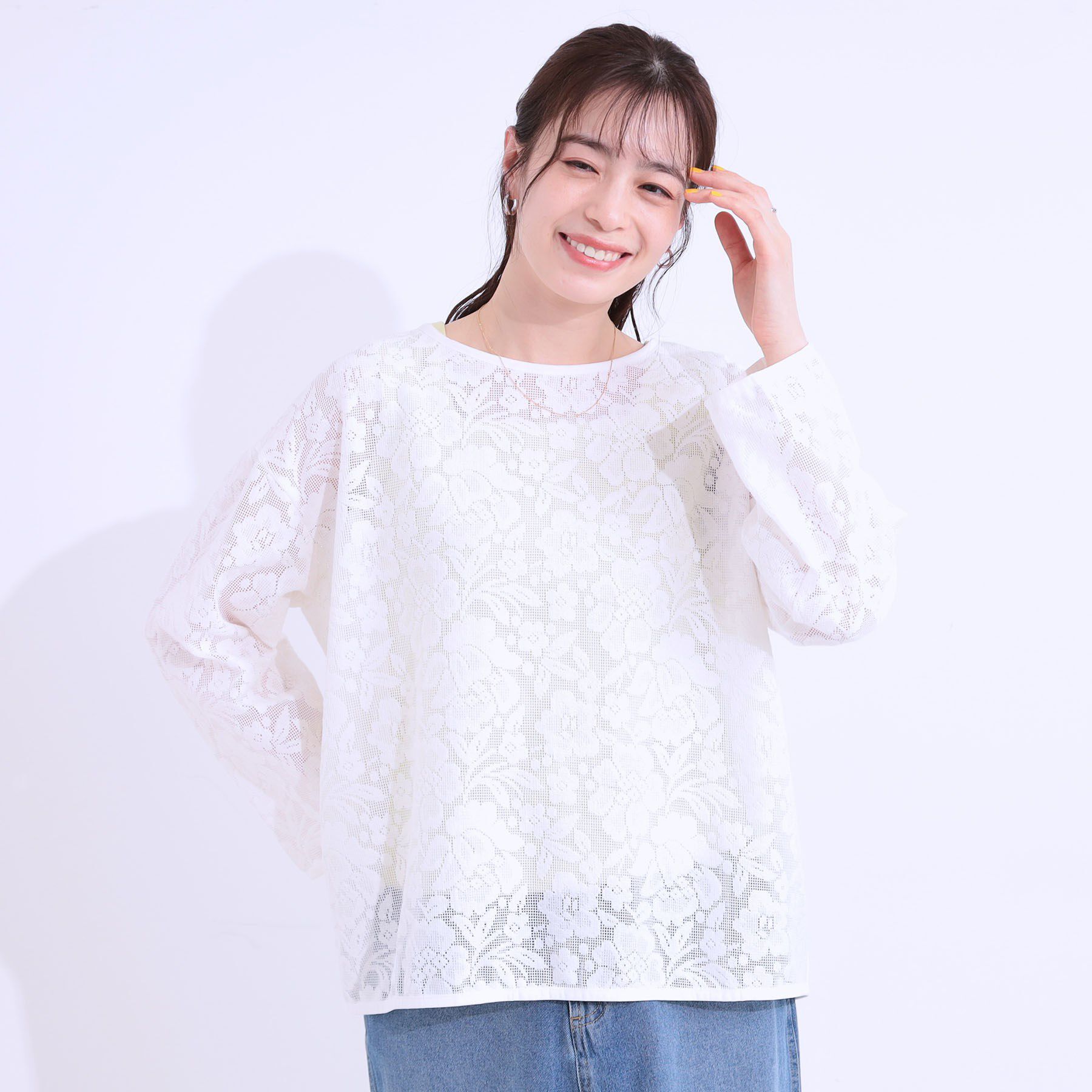 SHOO･LA･RUE「【前後2WAY/S-LL】メッシュ&times;レースがこなれ見え リボントップス」|Tシャツ・カットソー|