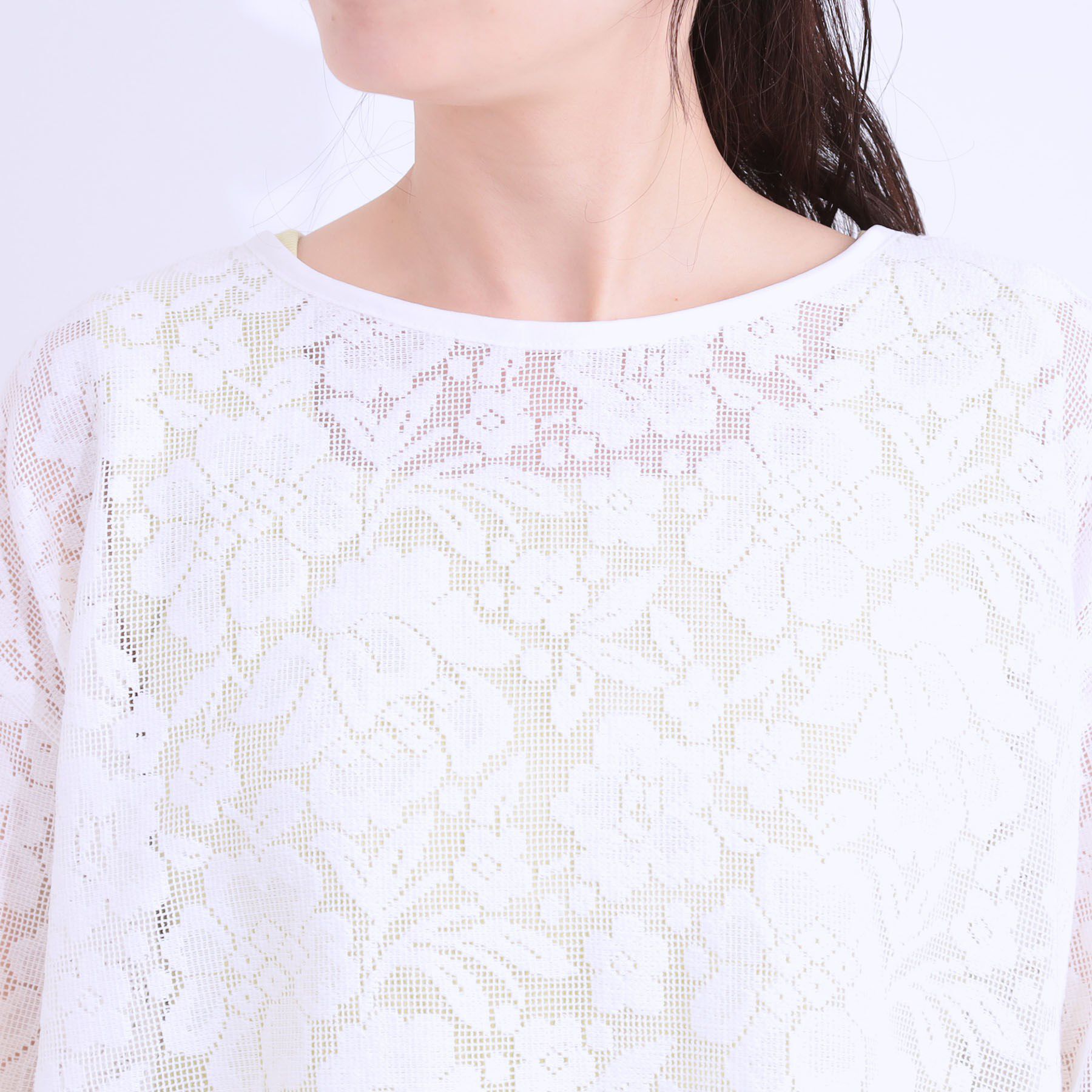 SHOO･LA･RUE「【前後2WAY/S-LL】メッシュ&times;レースがこなれ見え リボントップス」|Tシャツ・カットソー|