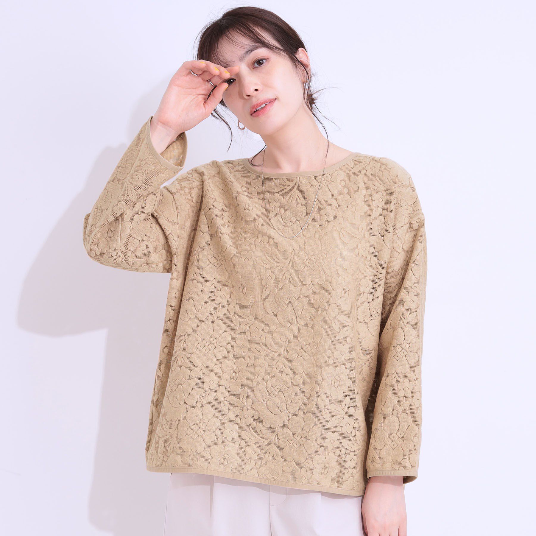 SHOO･LA･RUE「【前後2WAY/S-LL】メッシュ&times;レースがこなれ見え リボントップス」|Tシャツ・カットソー|