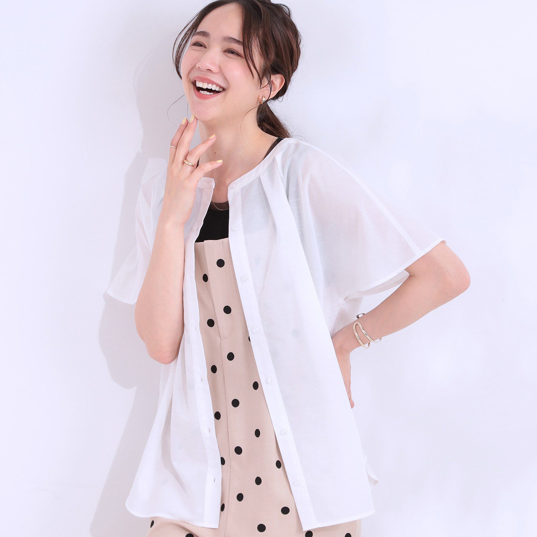 SHOO･LA･RUE「【洗える/S-LL/UV/吸水速乾】洗濯後しわになりにくいリネンブレンド前あきシャツ」|シャツ・ブラウス|ホワイト(001)