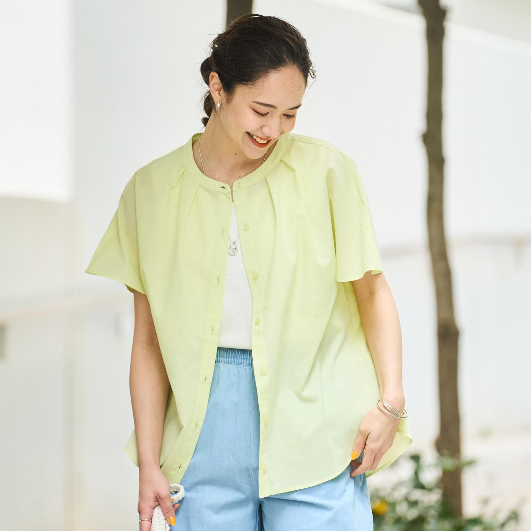 SHOO･LA･RUE「【洗える/S-LL/UV/吸水速乾】洗濯後しわになりにくいリネンブレンド前あきシャツ」|シャツ・ブラウス|