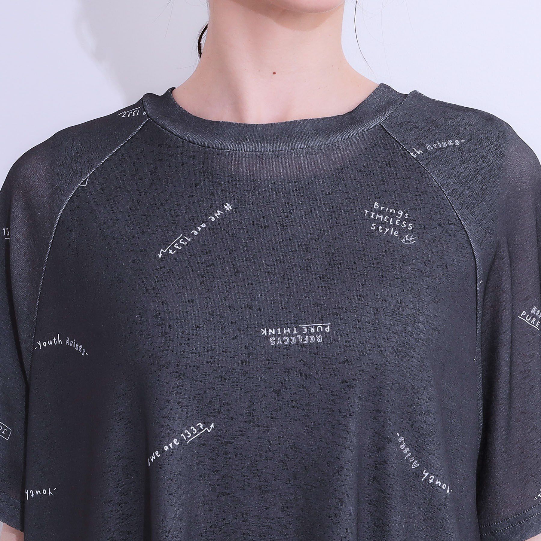 SHOO･LA･RUE「【洗える/S-LL】ゆるっとこなれ見え 総柄プリント シアーTシャツ」|Tシャツ・カットソー|