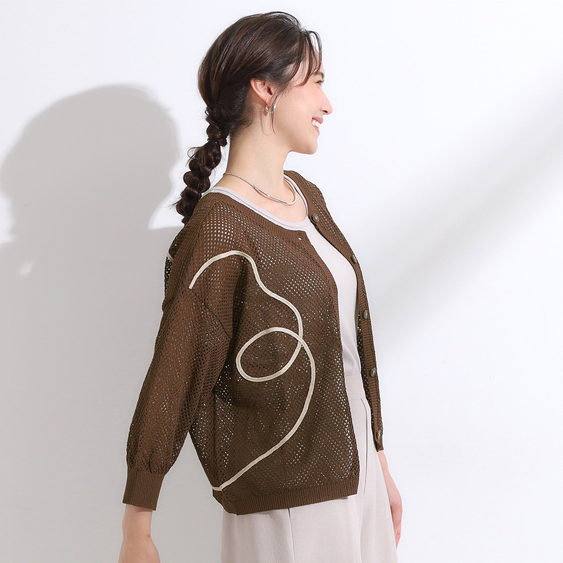 SHOO･LA･RUE「【前後2WAY/S-LL】にょろにょろ刺繍メッシュカーディガン」|カーディガン|