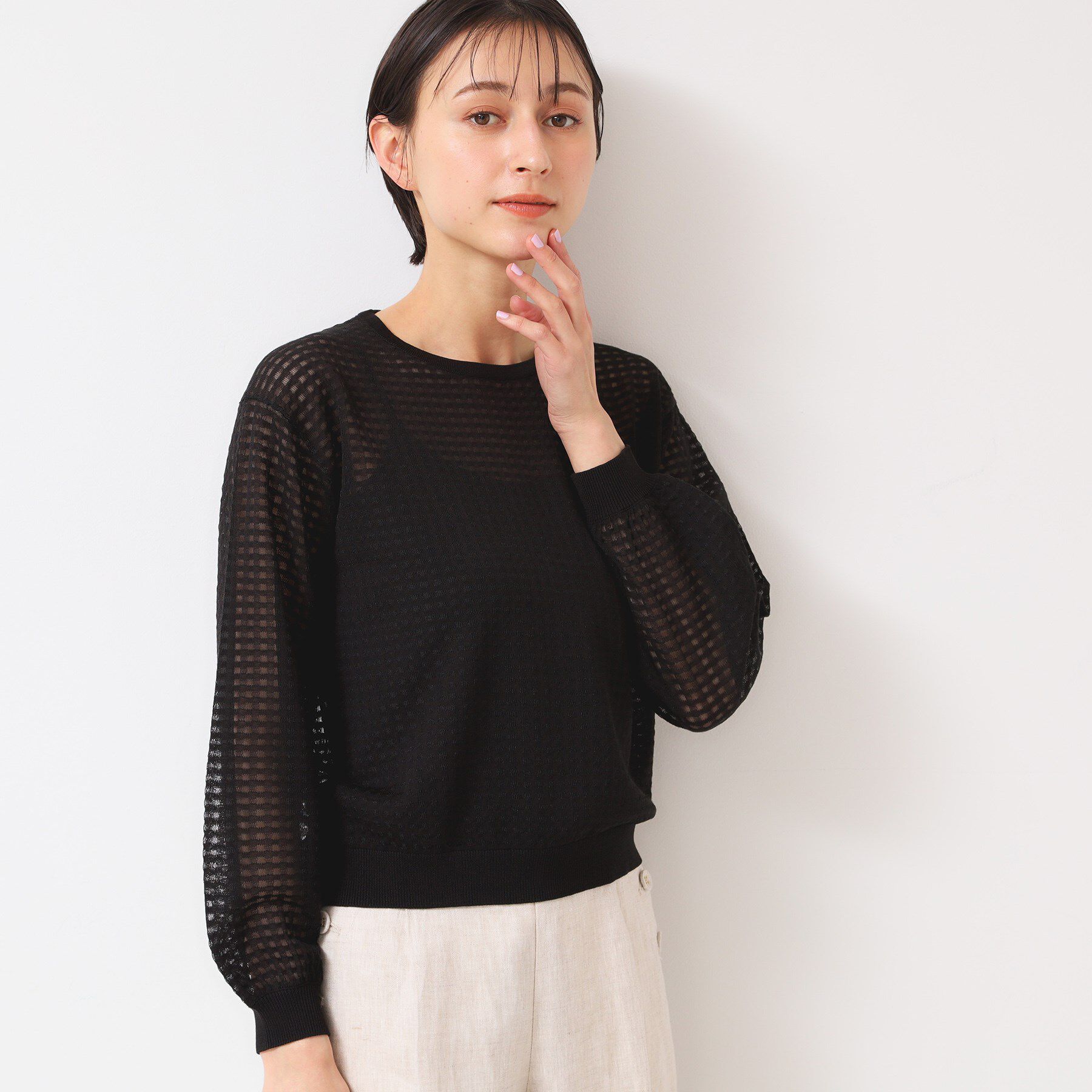 Dessin「【洗える】チェック柄シアーニット」|ニット・セーター|