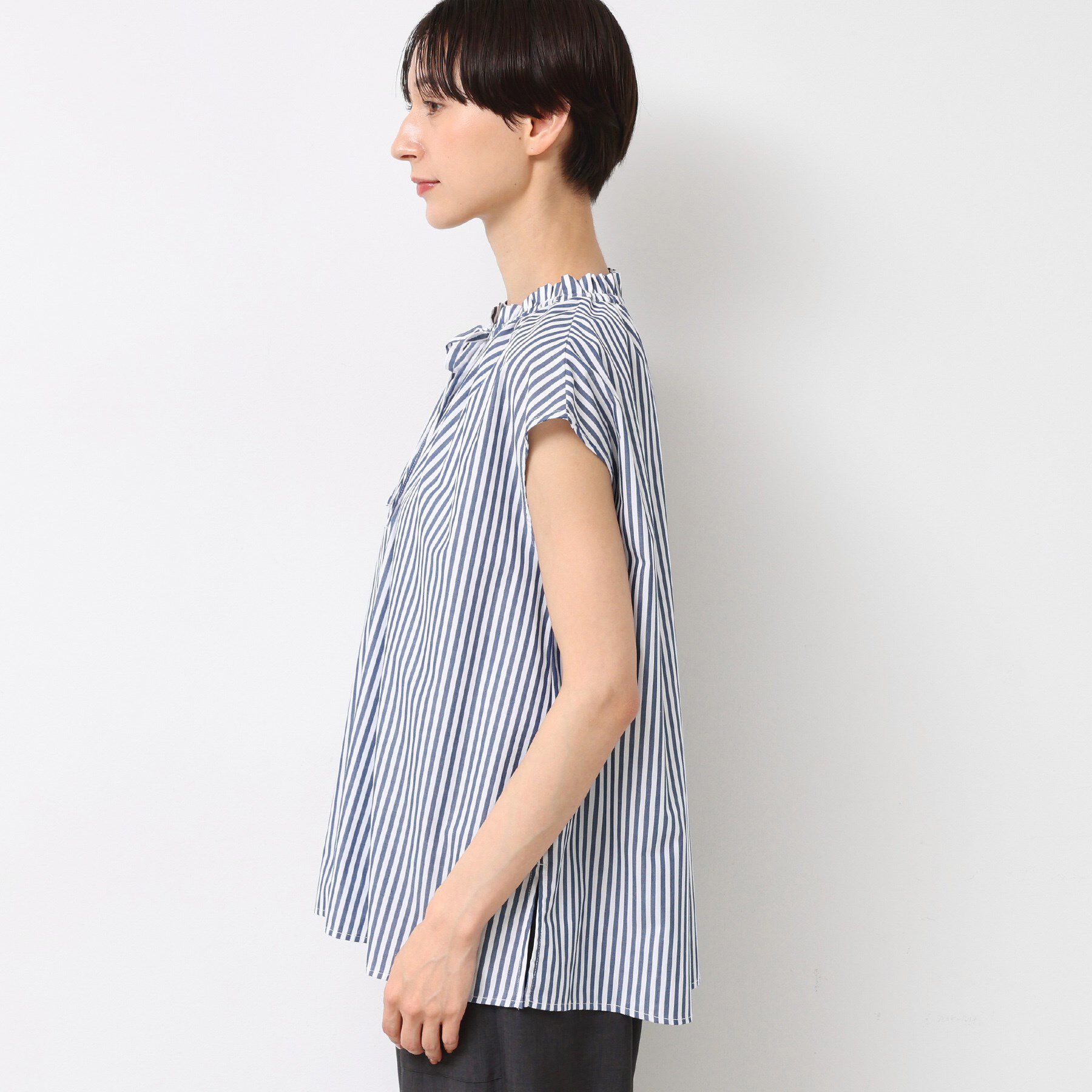 Dessin「【洗える】ストライプ柄フレンチスリーブスキッパ―ブラウス」|シャツ・ブラウス|