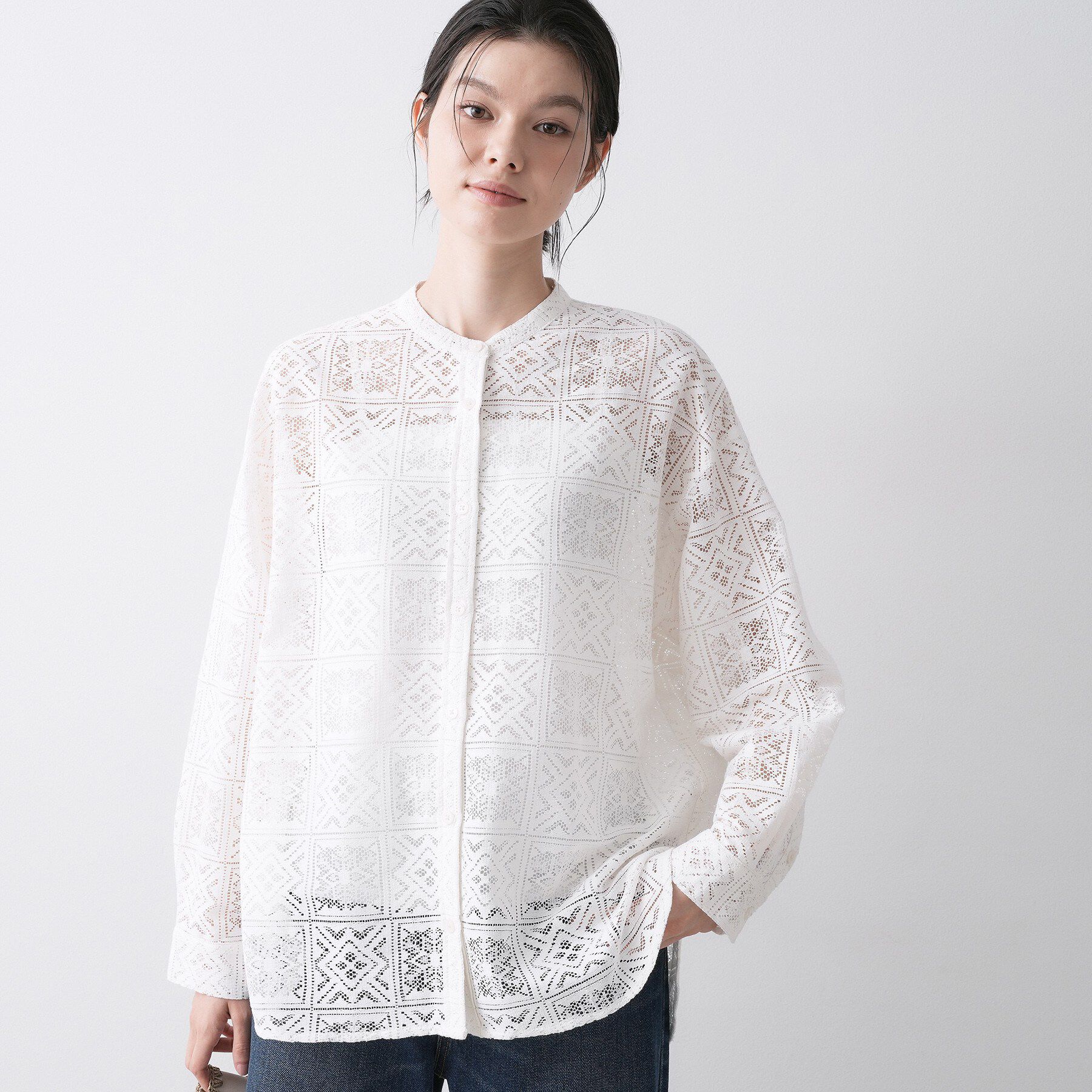 Dessin「【洗える】スクエアレースノーカラーシャツ」|シャツ・ブラウス|