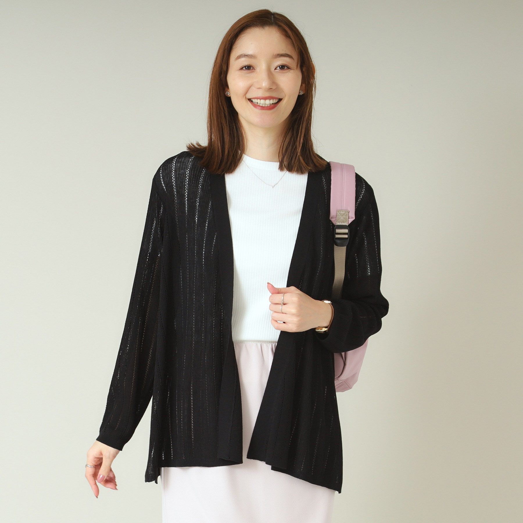 ITS&rsquo;DEMO「【手洗い可】透かし編み着流しカーデ」|カーディガン|ブラック(019)