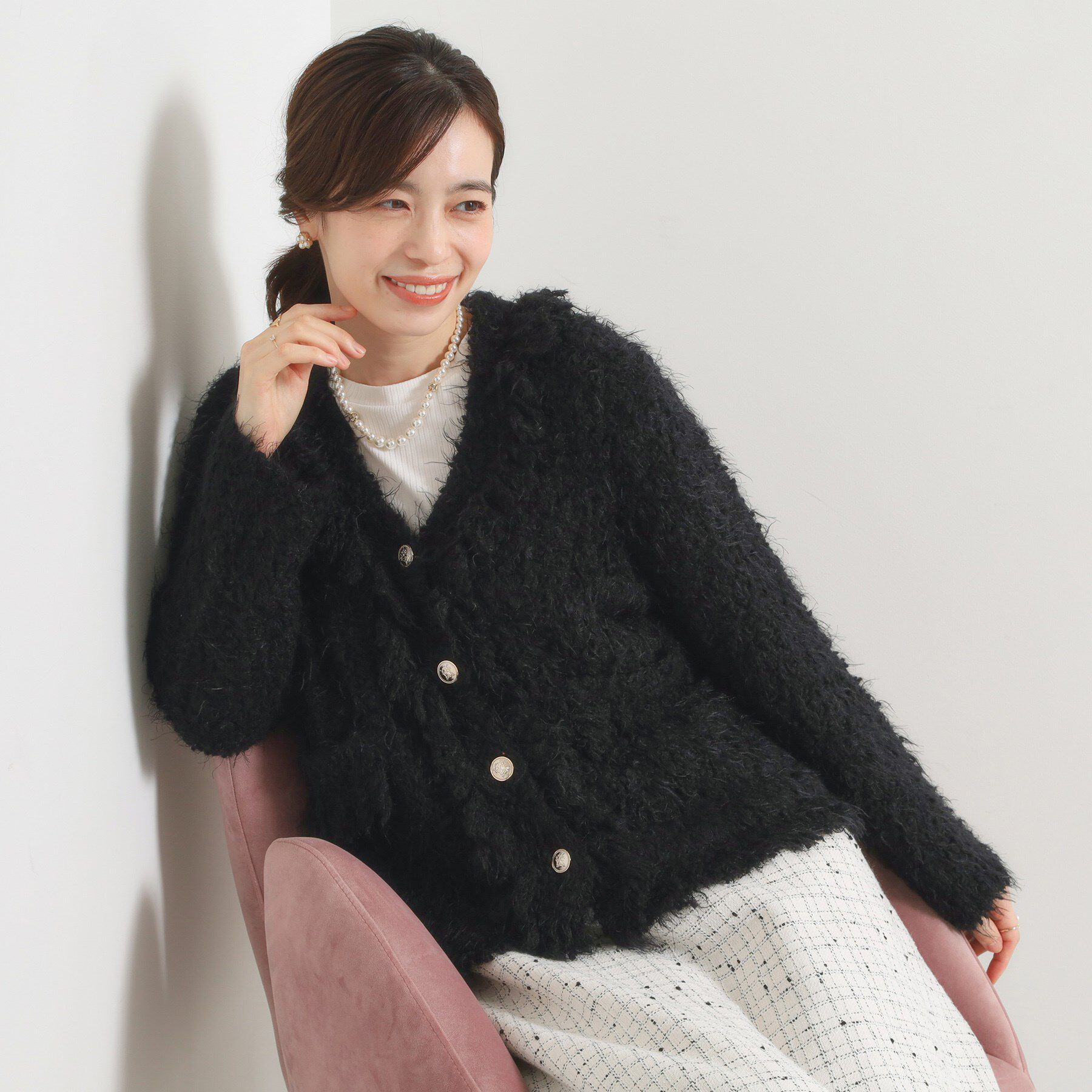 ITS&rsquo;DEMO「ファンシーヤーンニットジャケット」|ノーカラージャケット|ブラック(019)