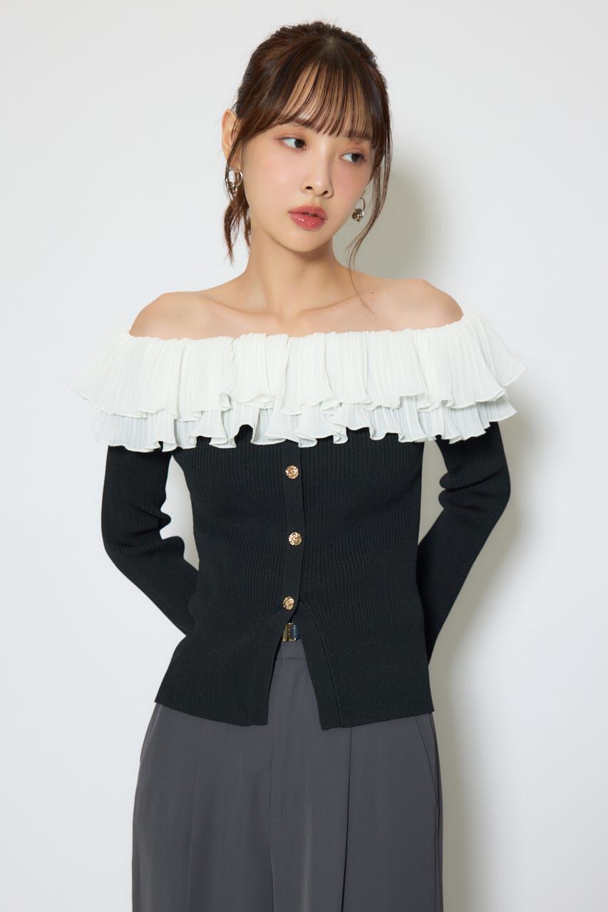 rienda「プリーツレースオフショルニットトップス」|ニット・セーター|BLK