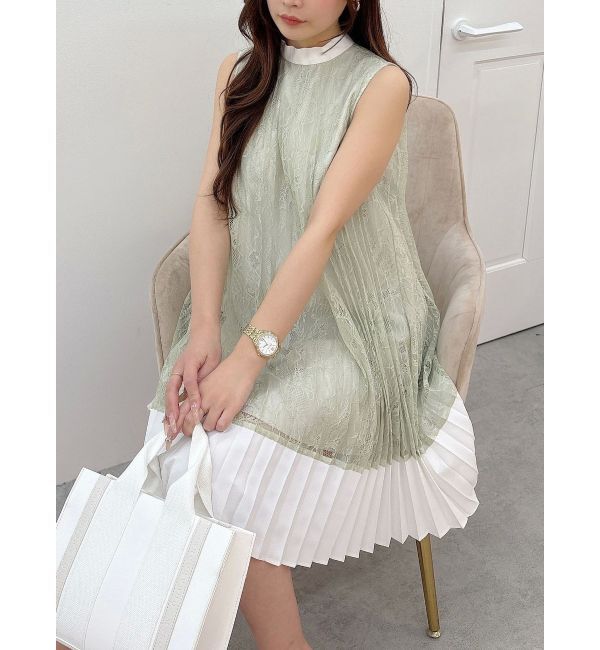 MERCURYDUO「バイカラーレースプリーツミニワンピース」|ワンピース|ミントグリーン