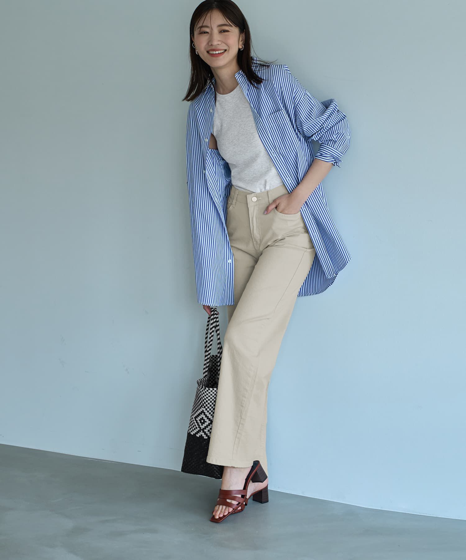 STYLE DELI「ウエストにゴム内蔵のストレッチコットンストレートパンツ」|チノ|