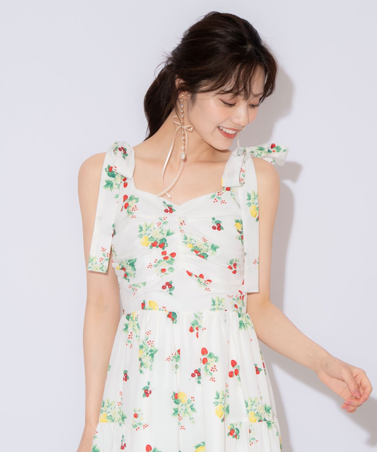 WILLSELECTION「リボンショルダーフルーツプリントワンピース」|ワンピース|