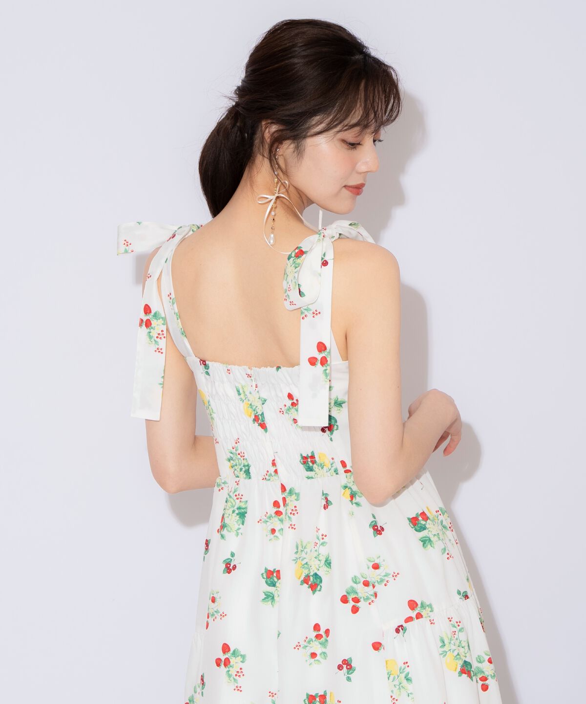 WILLSELECTION「リボンショルダーフルーツプリントワンピース」|ワンピース|