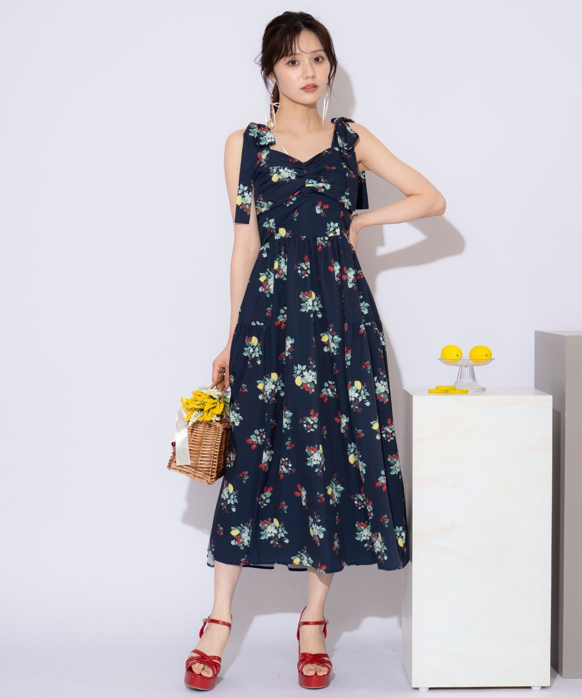 WILLSELECTION「リボンショルダーフルーツプリントワンピース」|ワンピース|