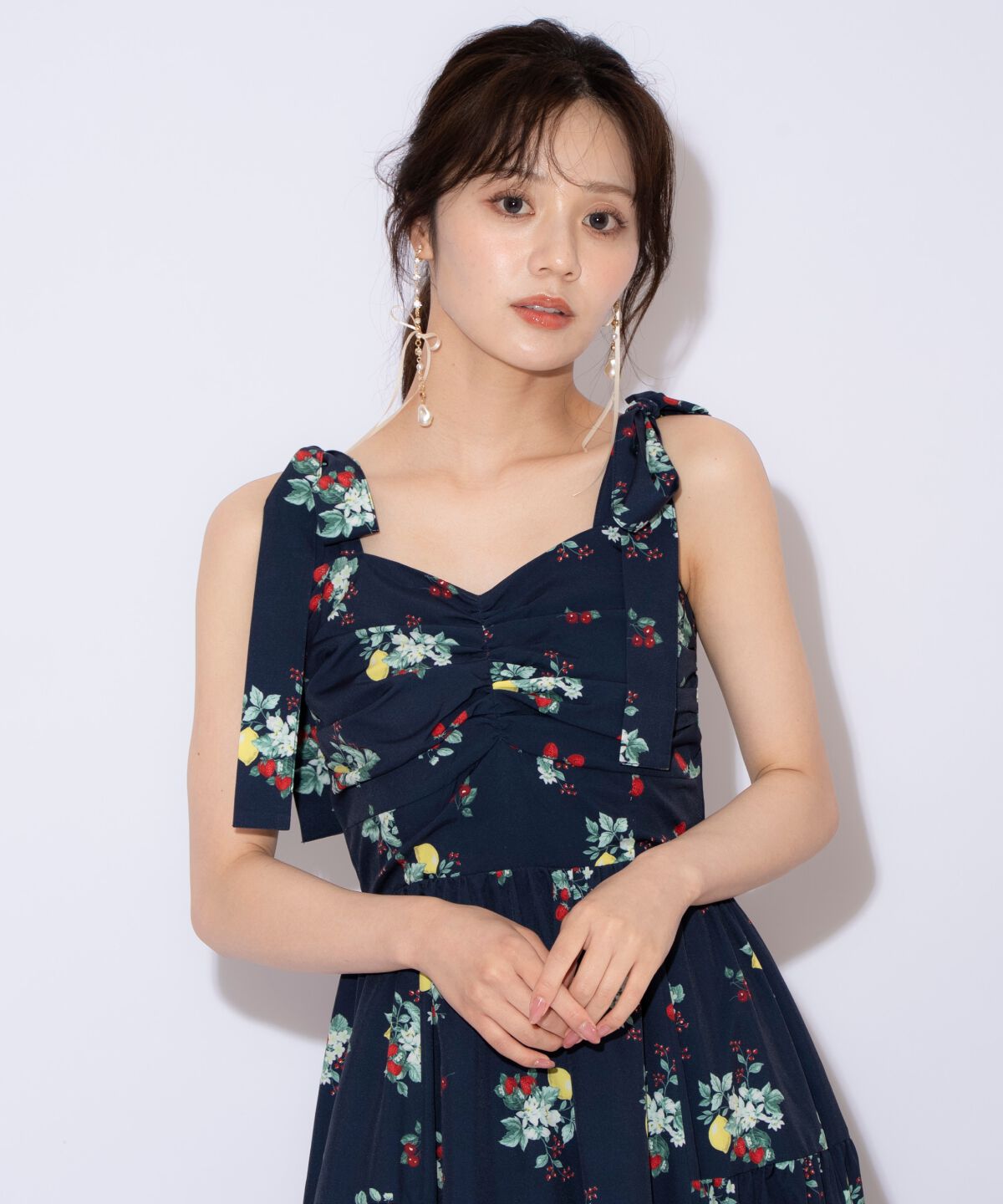 WILLSELECTION「リボンショルダーフルーツプリントワンピース」|ワンピース|