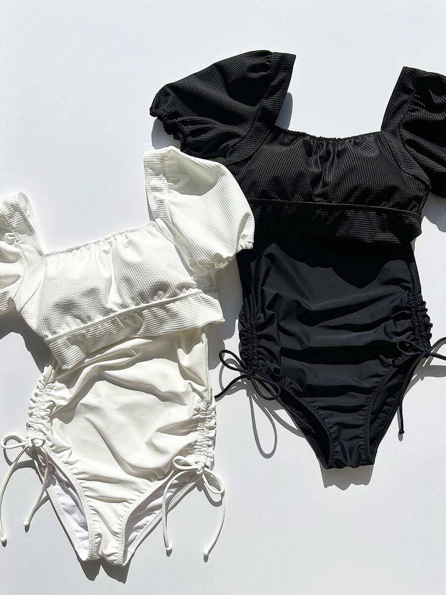 PEAK&PINE「バックリボンパフスリーブワンピ見えビキニ」|コンビネゾン|ブラック