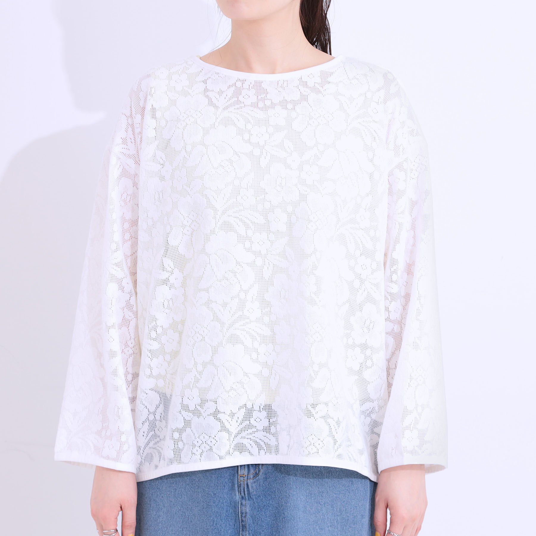 SHOO･LA･RUE「【前後2WAY/S-LL】メッシュ&times;レースがこなれ見え リボントップス」|Tシャツ・カットソー|