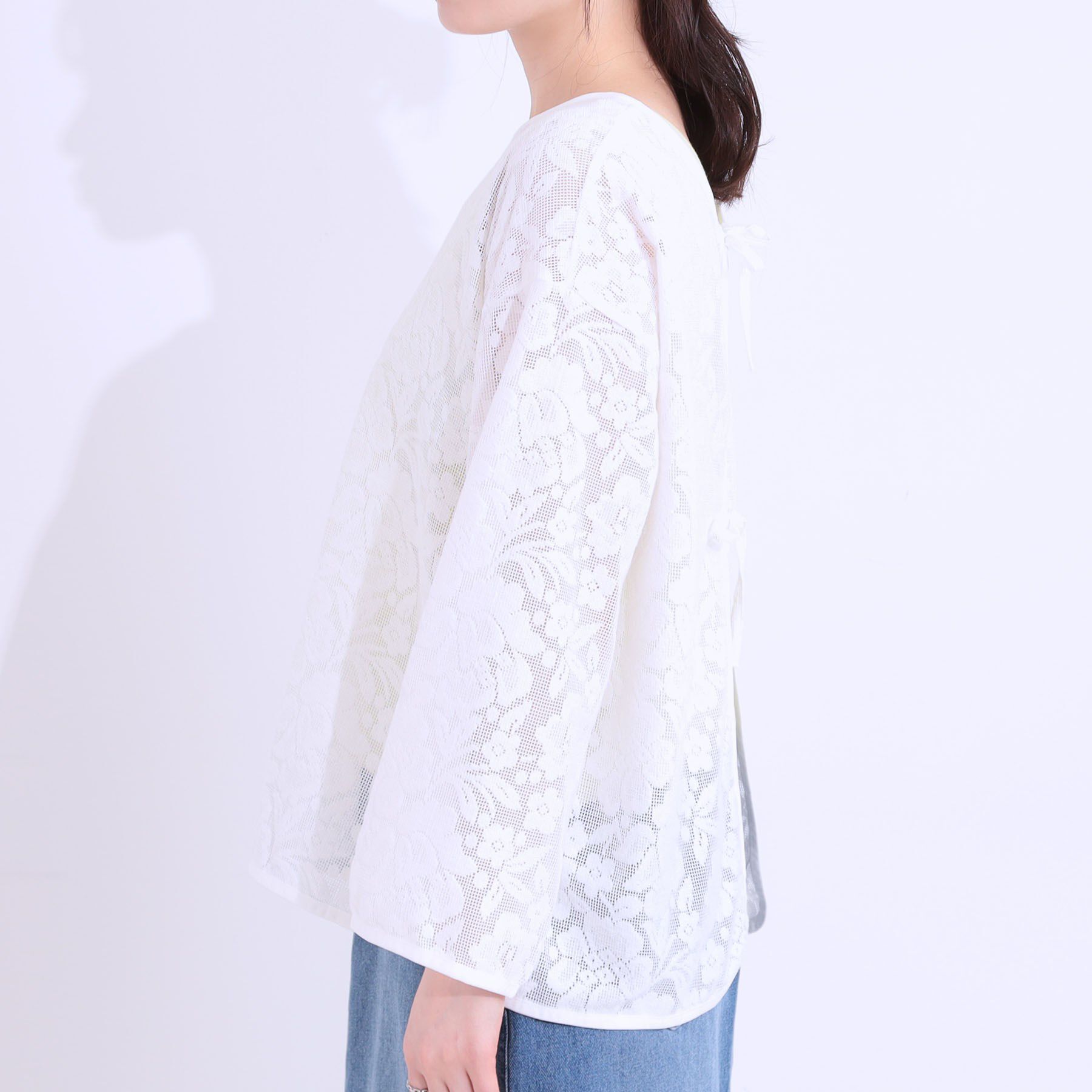 SHOO･LA･RUE「【前後2WAY/S-LL】メッシュ&times;レースがこなれ見え リボントップス」|Tシャツ・カットソー|