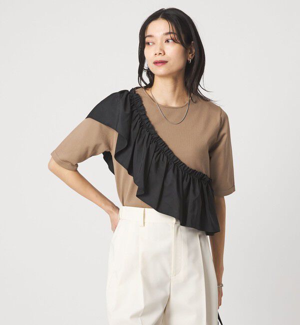 UNITED ARROWS green label relaxing「フリル ドッキング 5分袖 ニット プルオーバー ウォッシャブル」|ニット・セーター|MOCA