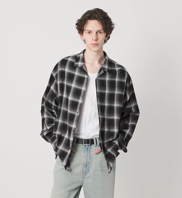 MONKEY TIME「コットン レーヨン オンブレ チェック オープンカラー シャツ」|シャツ・ブラウス|