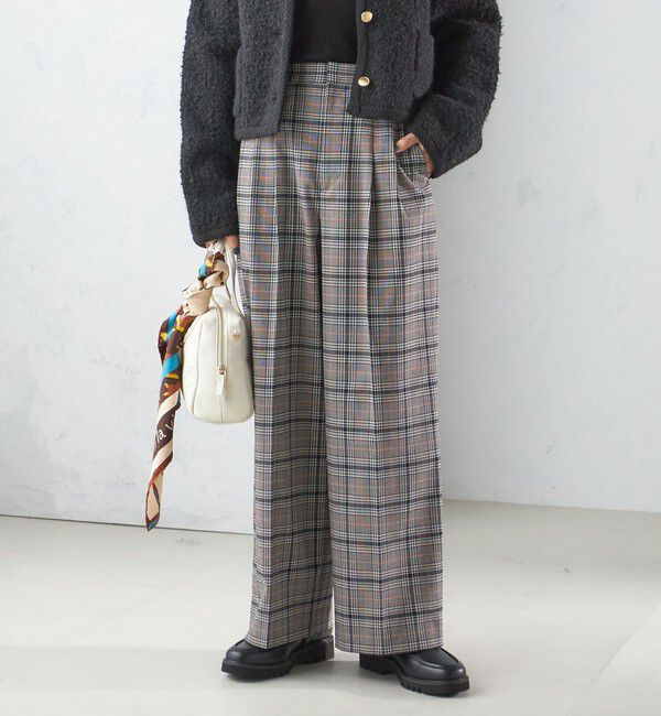 SHIPS for women「〈手洗い可能〉ウール混 チェック タック ワイド パンツ」|その他|グレー