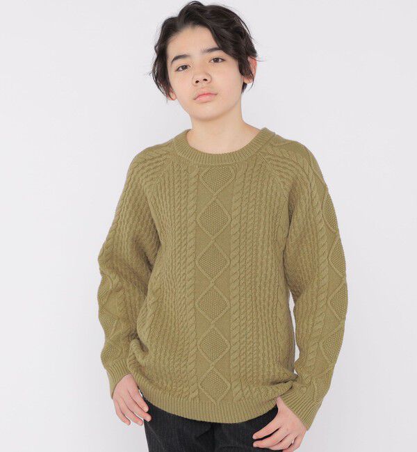 SHIPS KIDS「SHIPS KIDS:140～160cm /〈洗濯機可能〉ケーブル ニット」|ニット・セーター|オリーブ