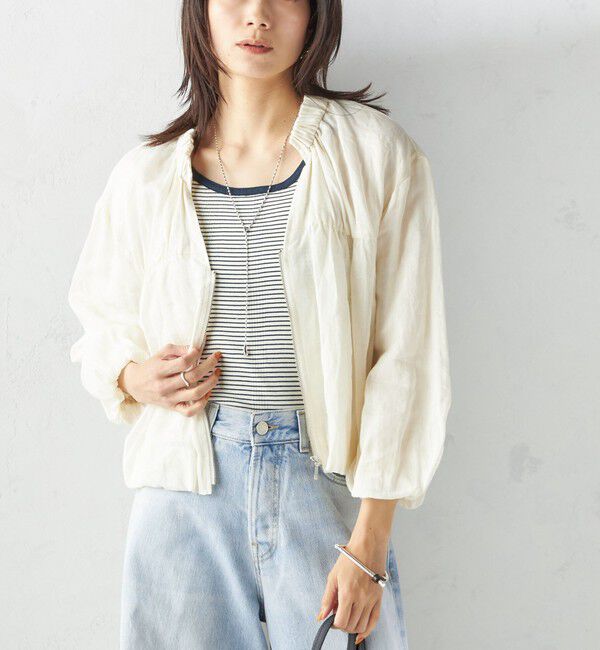 SHIPS for women「〈手洗い可能〉バック ギャザー リネン ジップ ブルゾン」|ブルゾン・スタジャン|オフホワイト