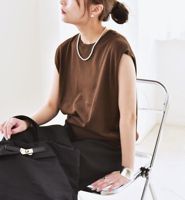 quaranciel「quaranciel:〈接触冷感/手洗い可能〉フレンチスリーブ ベーシック シアー ニット プルオーバー」|ニット・セーター|ブラウン