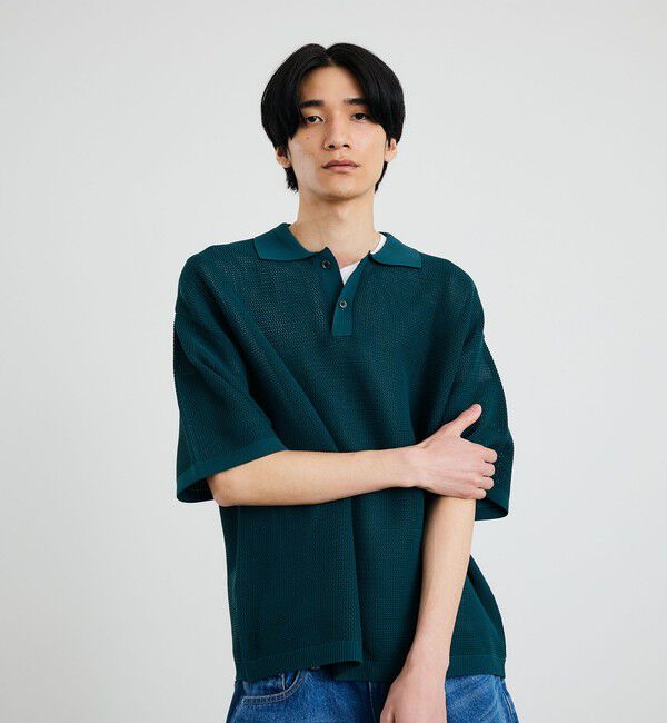 SHIPS「City Ambient Products:〈手洗い可能〉ポリエステル メッシュ ニット ショートスリーブ ポロ」|ポロシャツ|ダークグリーン